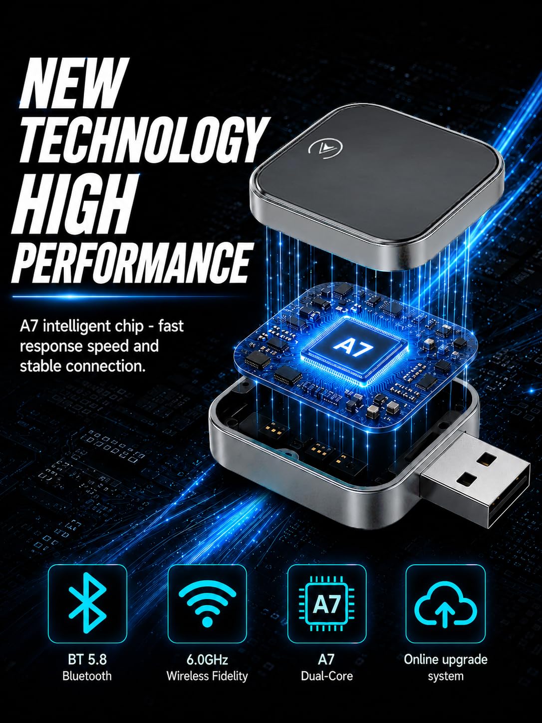 BOZIZI Adattatore Wireless CarPlay USB per iPhone, Bluetooth 5.3 e Wi-Fi 6, connessione automatica e zero-delay, adattatore wireless Android per sistemi Android e iOS (grigio chiaro)