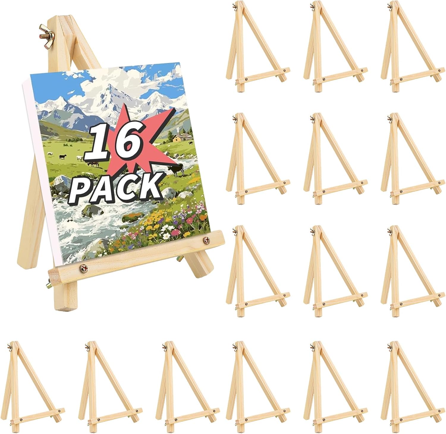 16 Pack 9 Inch Easel for Painting, Wooden Easel Stand Canvas Stand for Sign Table Top Small Art Easel for Artists and Students