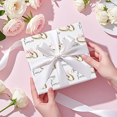 Miniatura 3 de RUSPEPA Rollo de papel de regalo de boda, mini rollo, lazos rosas y anillos dorados con diseño de texto "Always & Forever", elegante envoltura de
