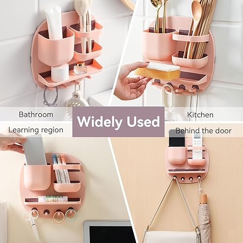 Miniatura 5 de Estante de montaje en pared, organizador de accesorios de mesita de noche con ganchos, almacenamiento adhesivo para teléfono, control remoto,