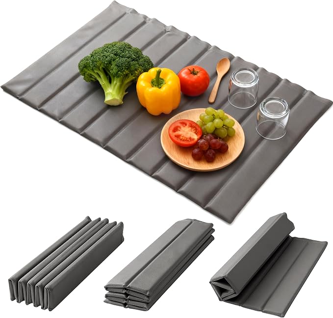 Large Stone Drying Mat for Kitchen Counter, 25.2" × 16.1" Quick Dry Diatomaceous Earth Dish Mat with PU Cover, Waterproof Bottom, Foldable, Absorbent Mats for Draining Dishes Bottles Cups