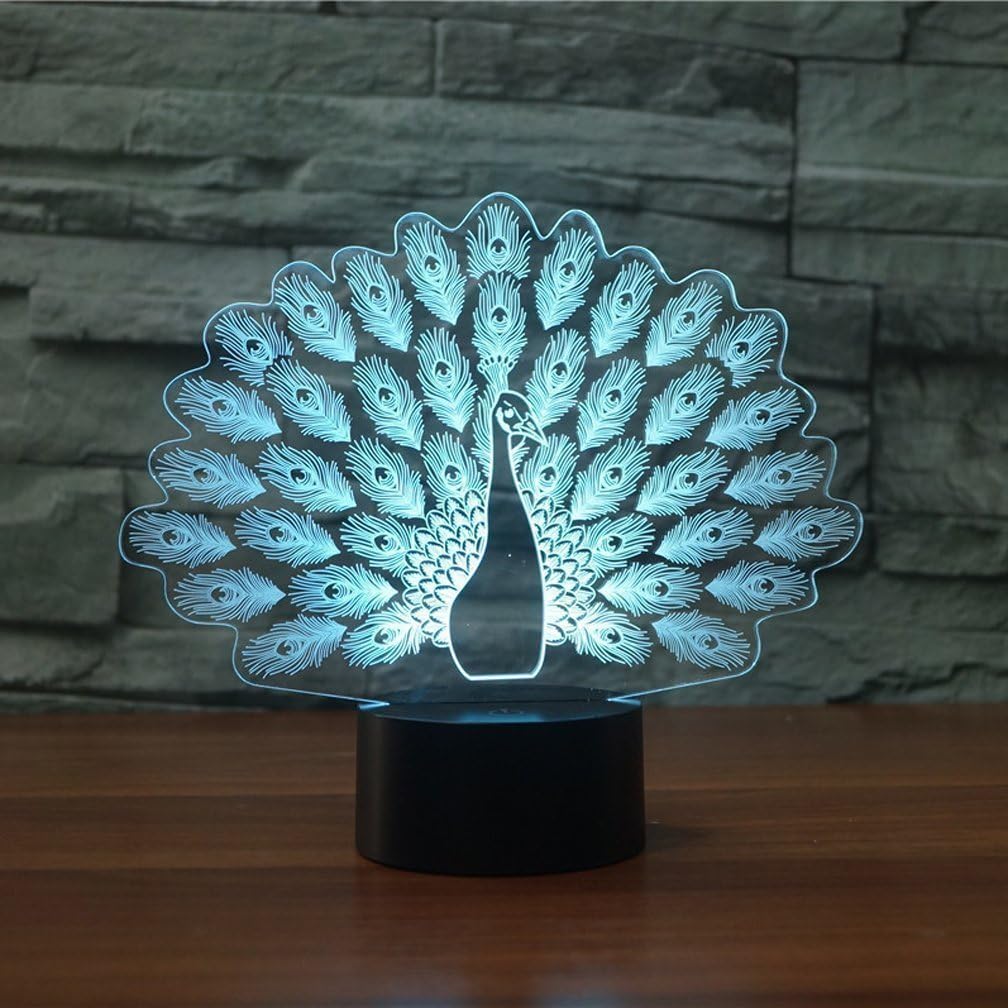 LED Night Light,WONFAST 3D Visualization Amazing Optical Illusion 7 Color Changing Touch Button USB Powered Home Decor Lamp Desk Lamp Gift for Kids Christmas (Peacock)