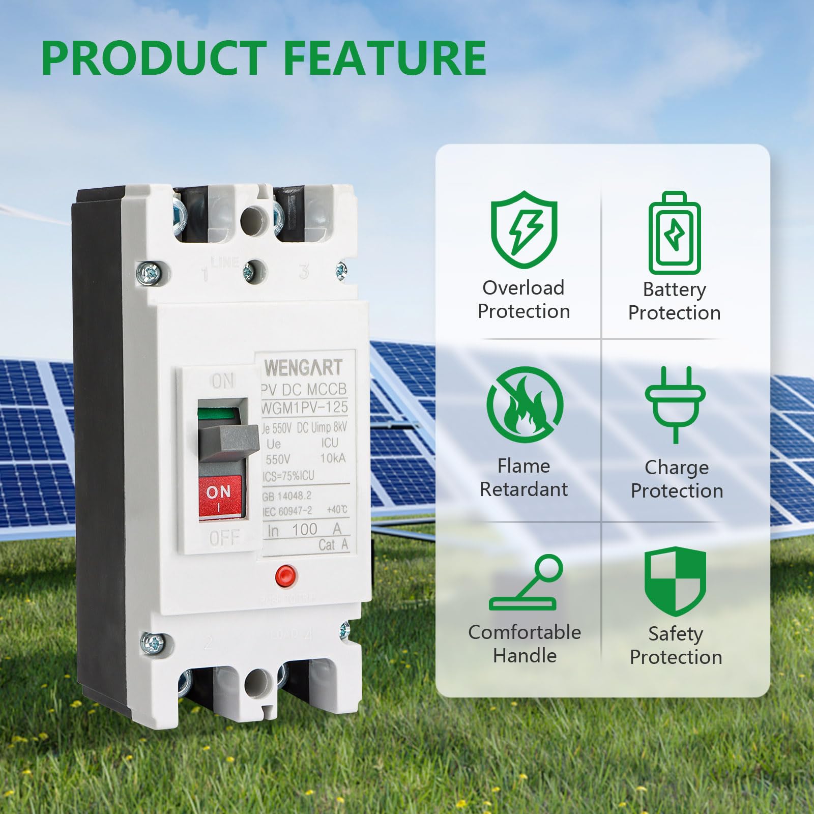 Wengart Interruttore Magnetotermico Scatolato DC 80A 550V, 2 Poli MCCB per Fotovoltaico e Batterie, Polarità Non Polarizzata (Cablaggio Libero), Isolatore Principale per Pannelli Solari e Inverter