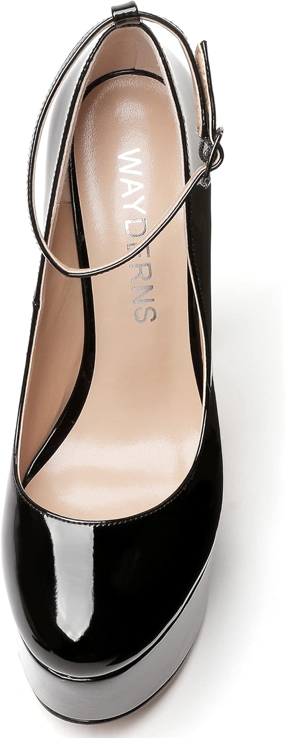 WAYDERNS Women's Round Toe Patent Platform Ankle Strap Stiletto Super High Heel Pumps Shoes 6 Inch