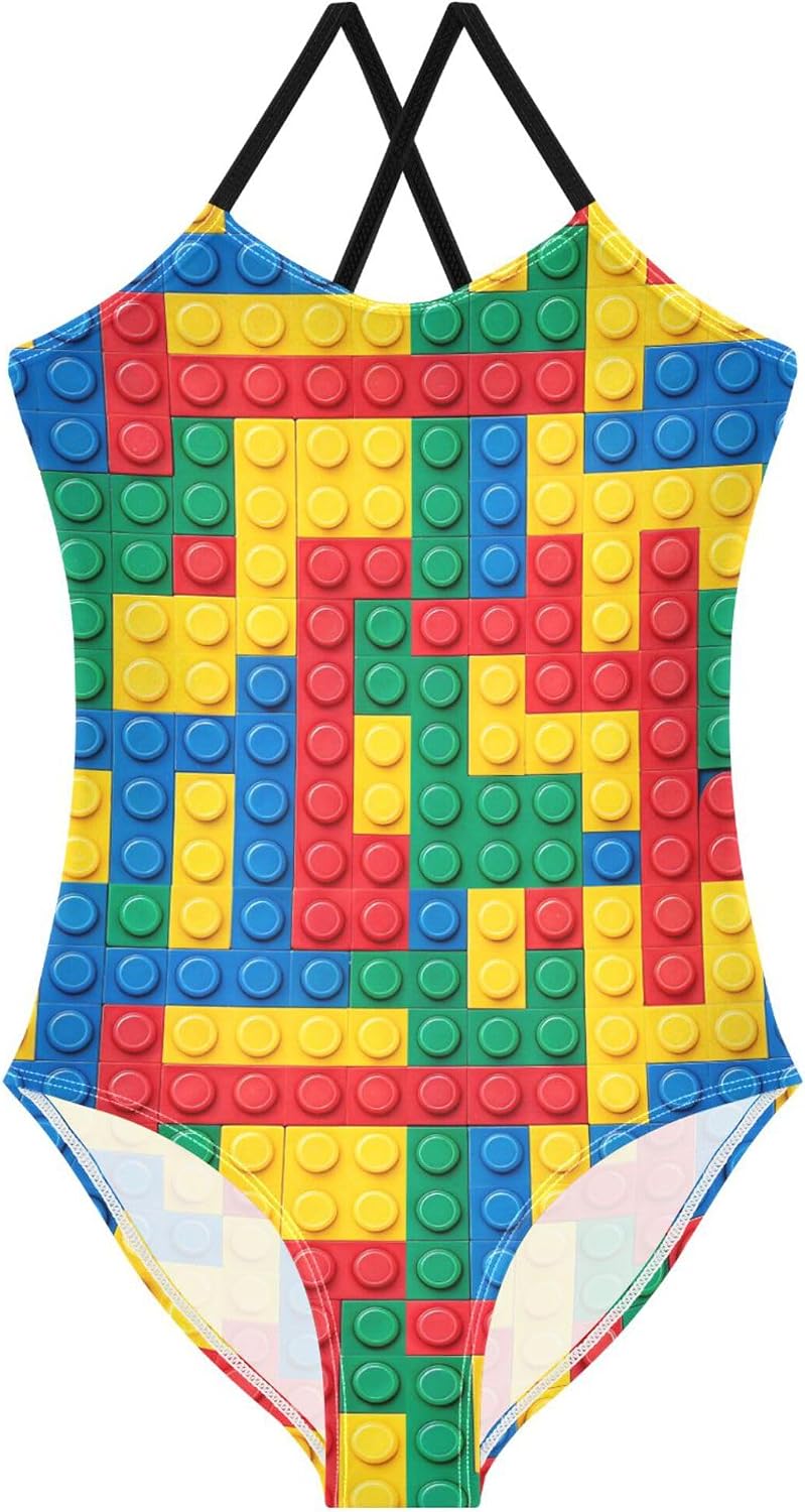 Burbuja Girls Swimsuit Building Blocks Bricks Colorful One Piece Bathing Suit with Adjustable Straps Beach Swimwear 3-10T