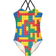 Burbuja Girls Swimsuit Building Blocks Bricks Colorful One Piece Bathing Suit with Adjustable Straps Beach Swimwear 3-10T