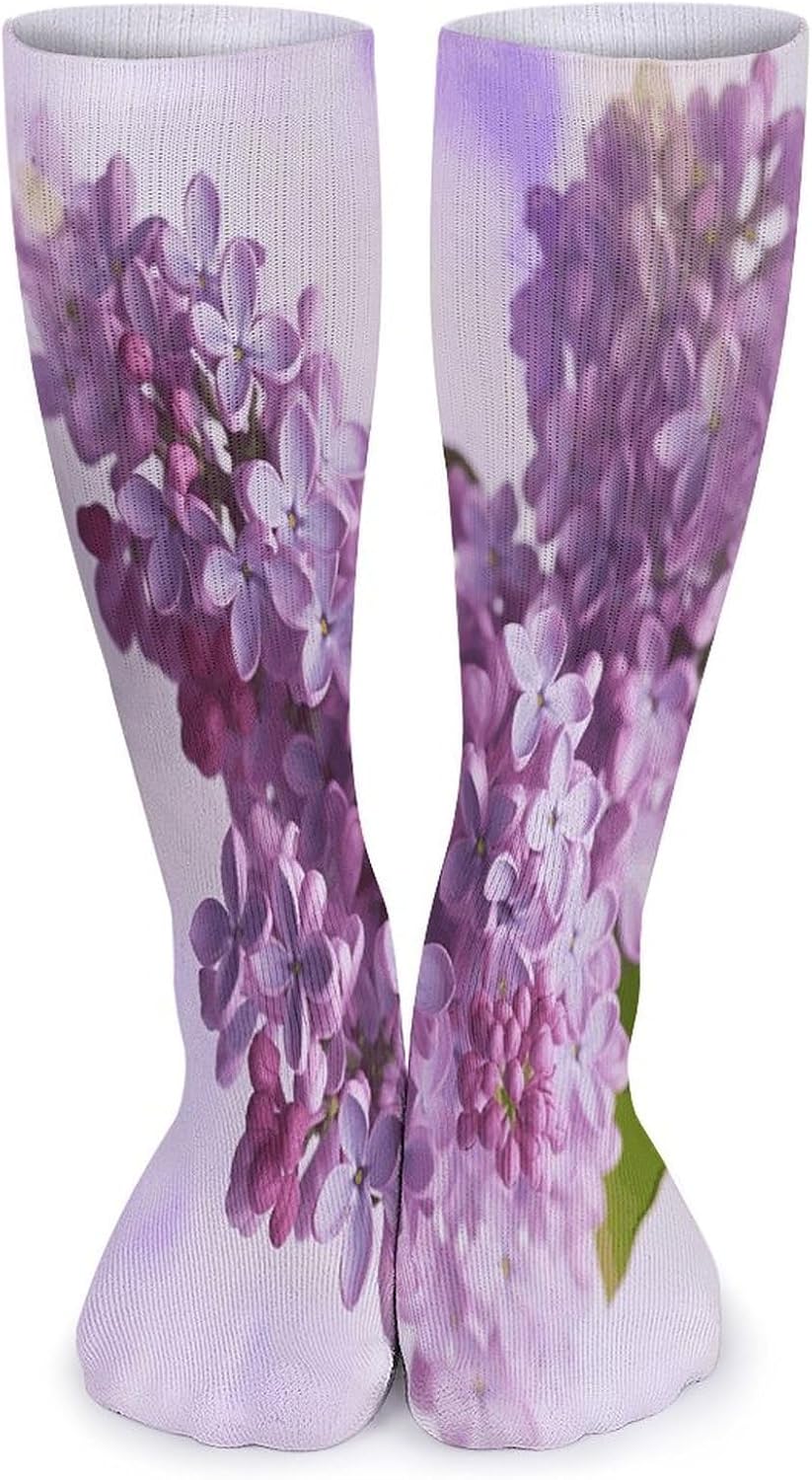 Lilac Flowers Crew Socks Cozy Casual Calf Socks Lightweight Long Work Sock Breathable Athletic Sock for Hiking Sports Running 5 Pairs