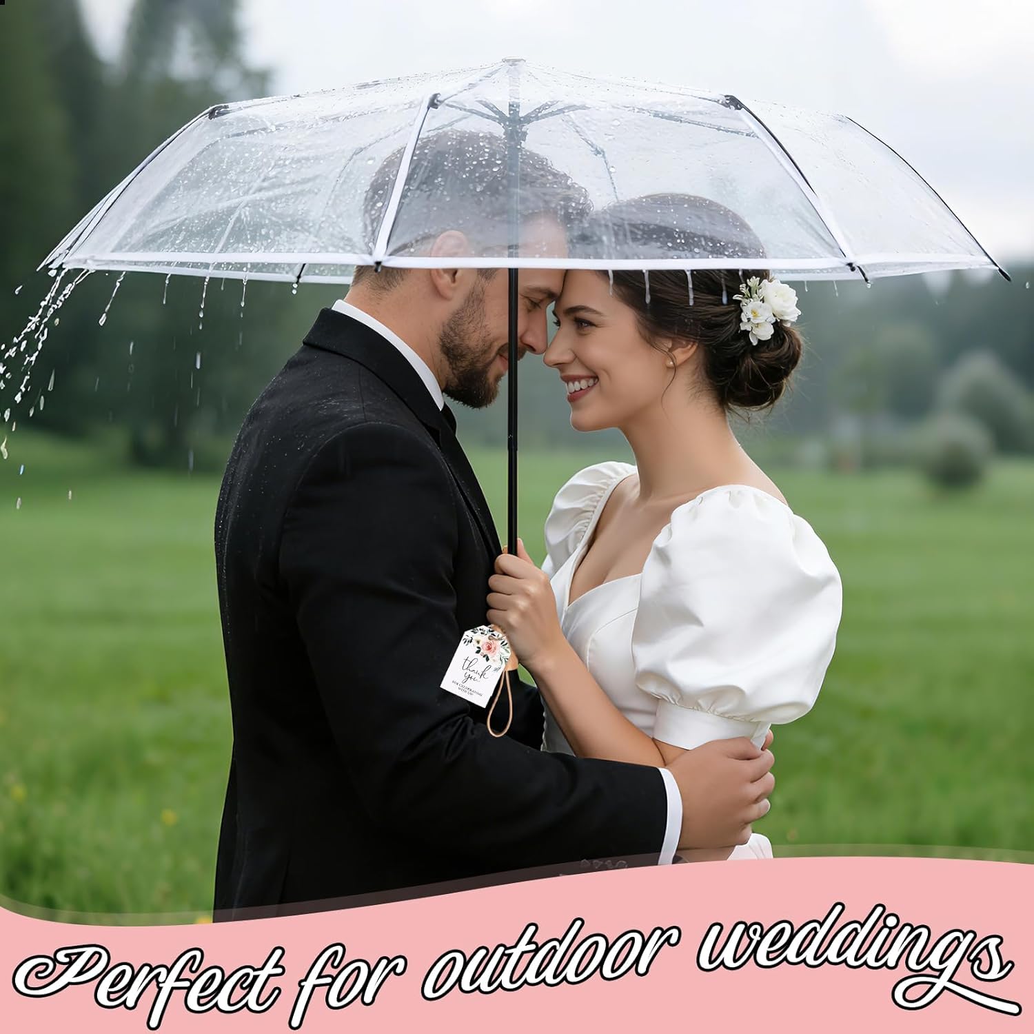 Clear Wedding Umbrellas with Thank You Cards – Transparent Folding Umbrella for Wedding Decoration, Windproof & Rainproof for Bridal Shower, Wedding Bride Groom Photography