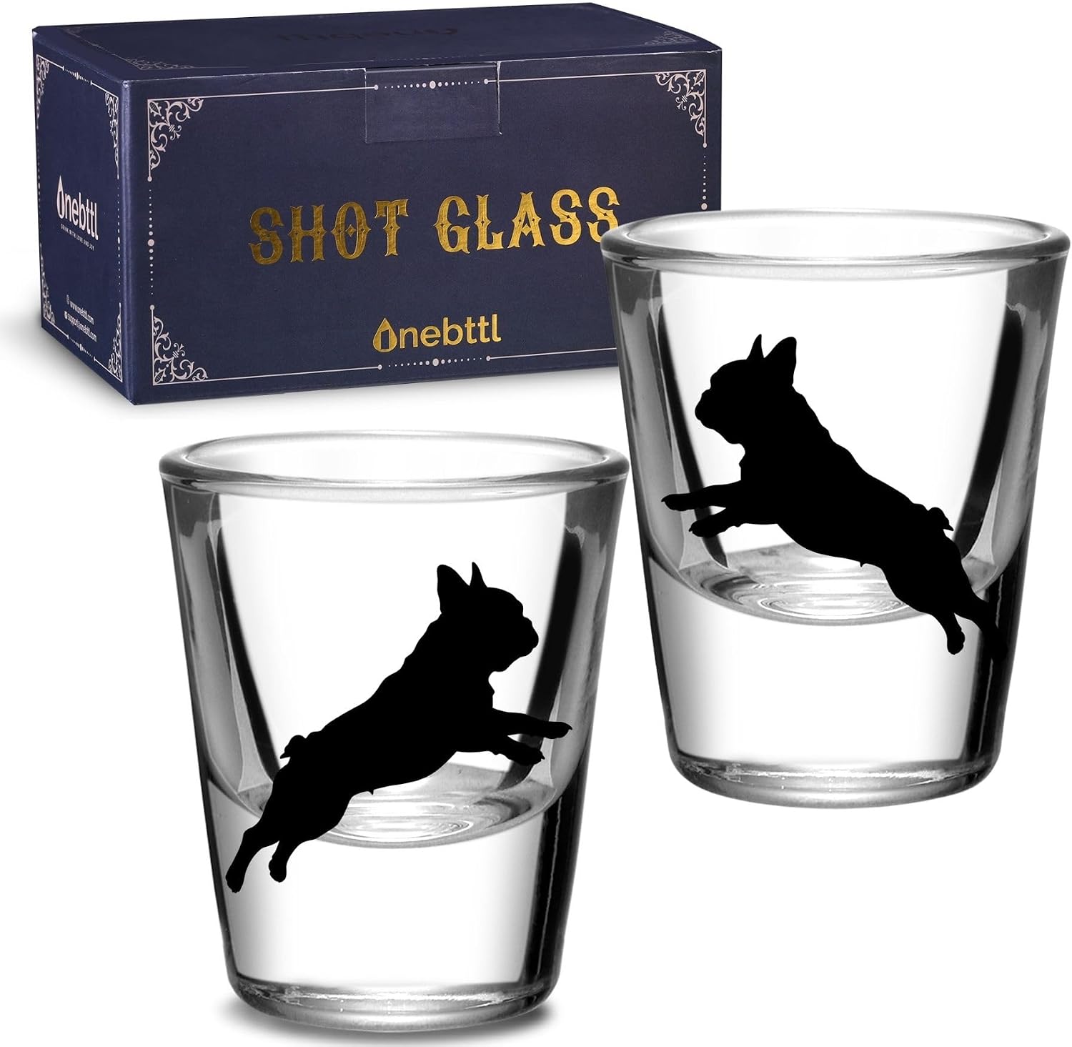 Onebttl French Bulldog Gifts, Frenchie Gifts for Women Men, Set of 2 Shot Glasses, 1.5 oz - Jump Silhouette