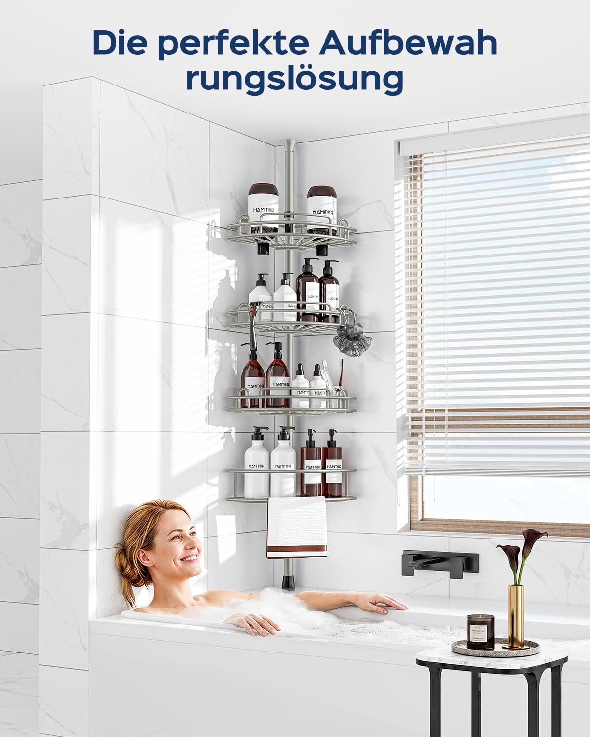 HAMITOR Mensola telescopica per doccia senza foratura: 4 livelli in metallo, antiscivolo e stabile, organizer da bagno per shampoo, sapone e gel doccia, regolabile da 121 a 314 cm, argento