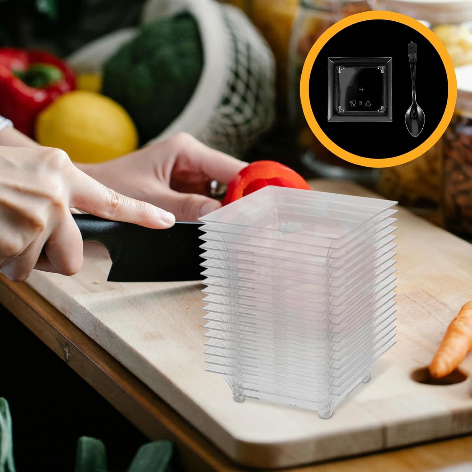 Small Dessert Plates Set of 100 Mini Spoon Square Plastic Plates for Salad Snacks