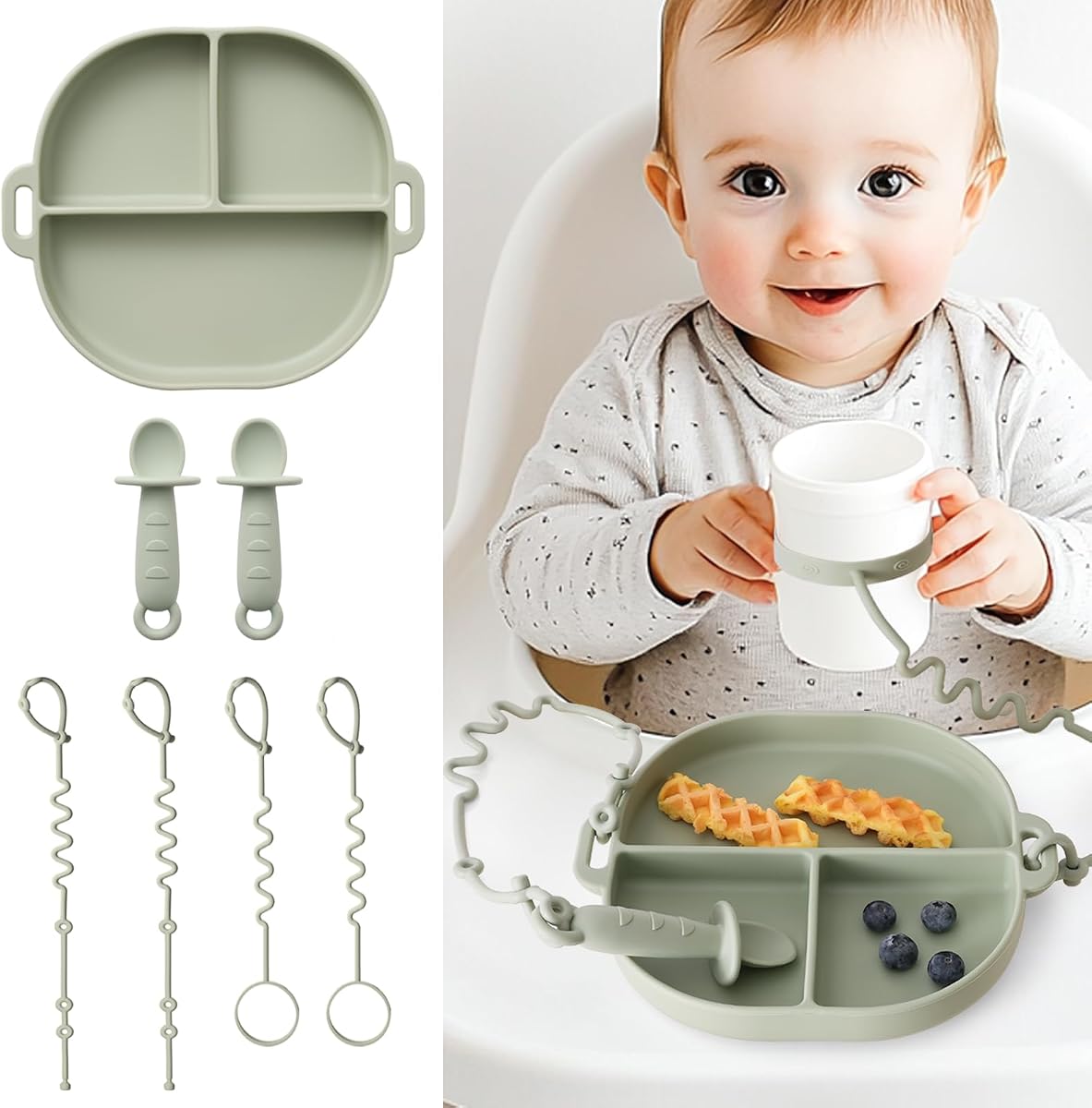 Baby Plates with Suction Silicone Baby Spoons Divided Baby Plates Silicone Baby Safety Toy Straps Baby Bottle Bungees Baby Feeding Set All-in-one-Sage