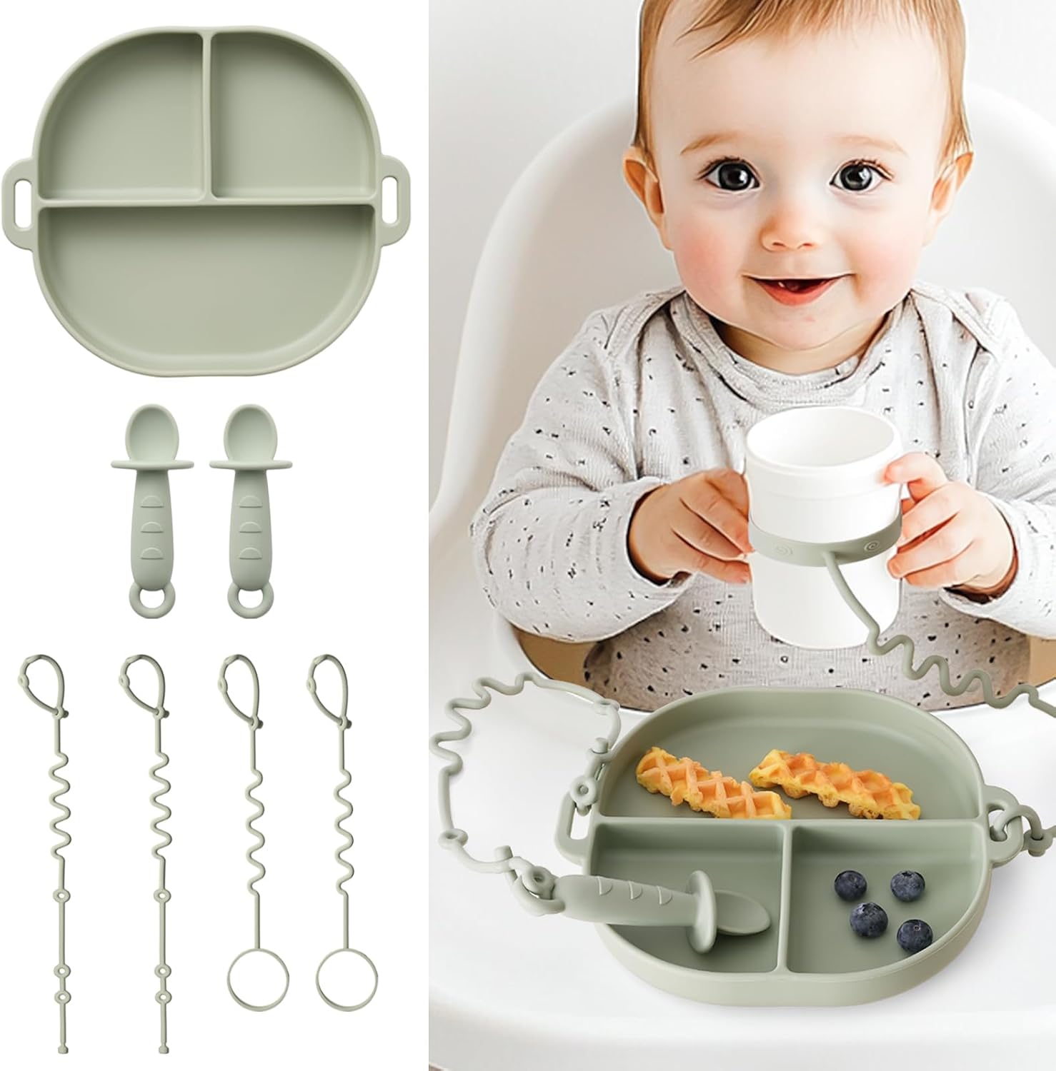 Baby Plates with Suction Silicone Baby Spoons Divided Baby Plates Silicone Baby Safety Toy Straps Baby Bottle Bungees Baby Feeding Set All-in-one-Sage