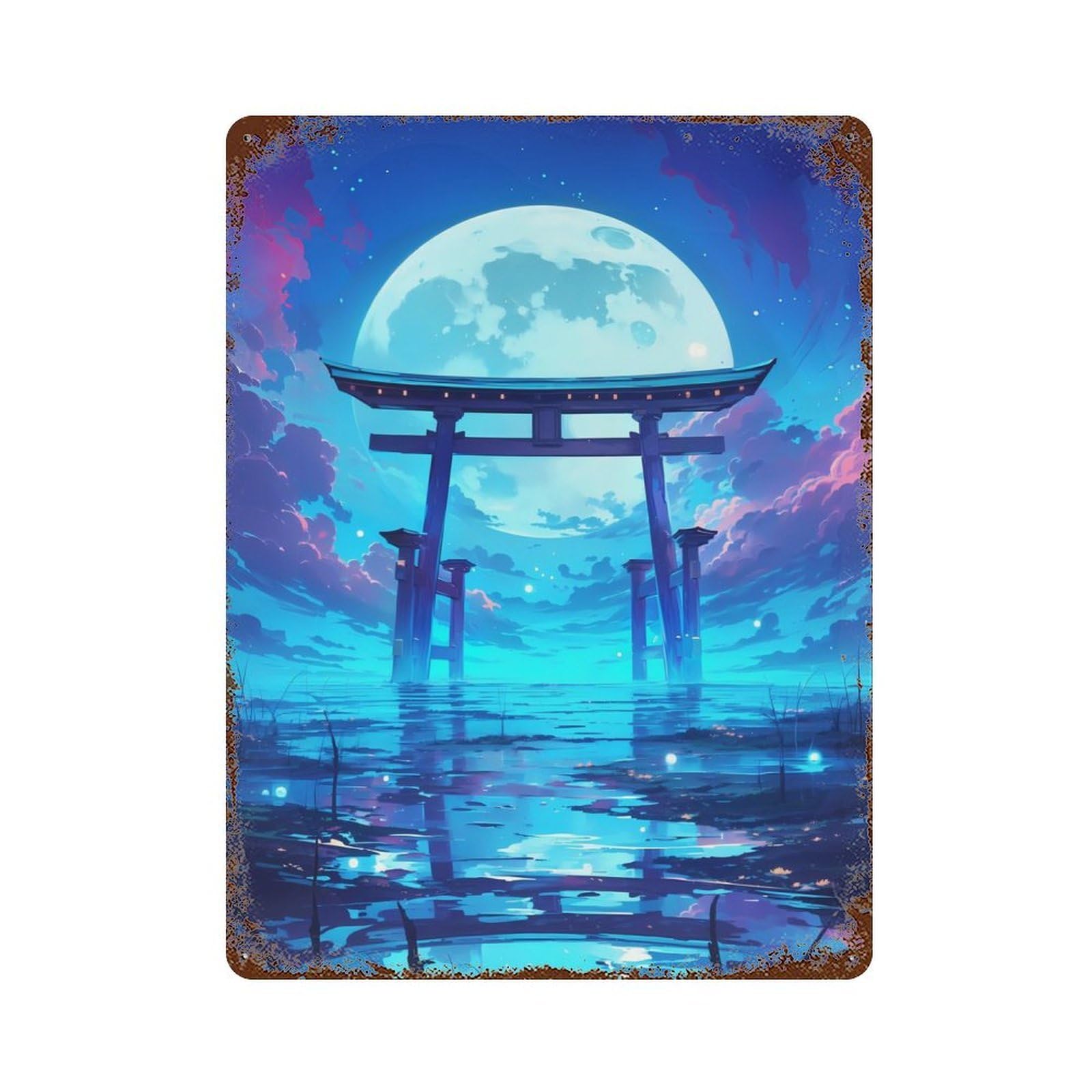 Retro Metal Sign with Torri Gate Moon Night Design 15.7"x11.8", for Bistro, Counter And Cafe Decor, Shabby Chic Decor