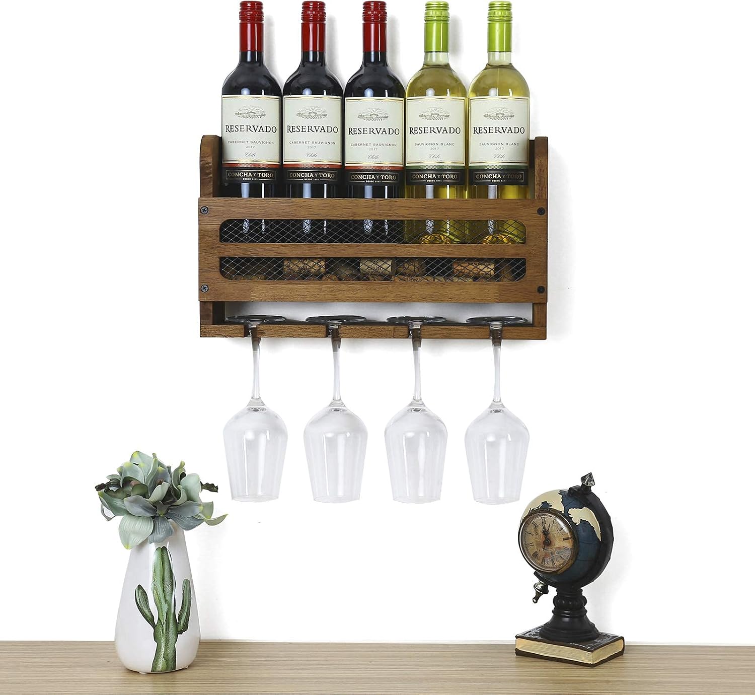 SODUKU Wall Mounted Wooden Wine Rack 5 Wine Bottles and 4 Stem Glasses Holder Wine Cork Storage Rack Walnut Brown