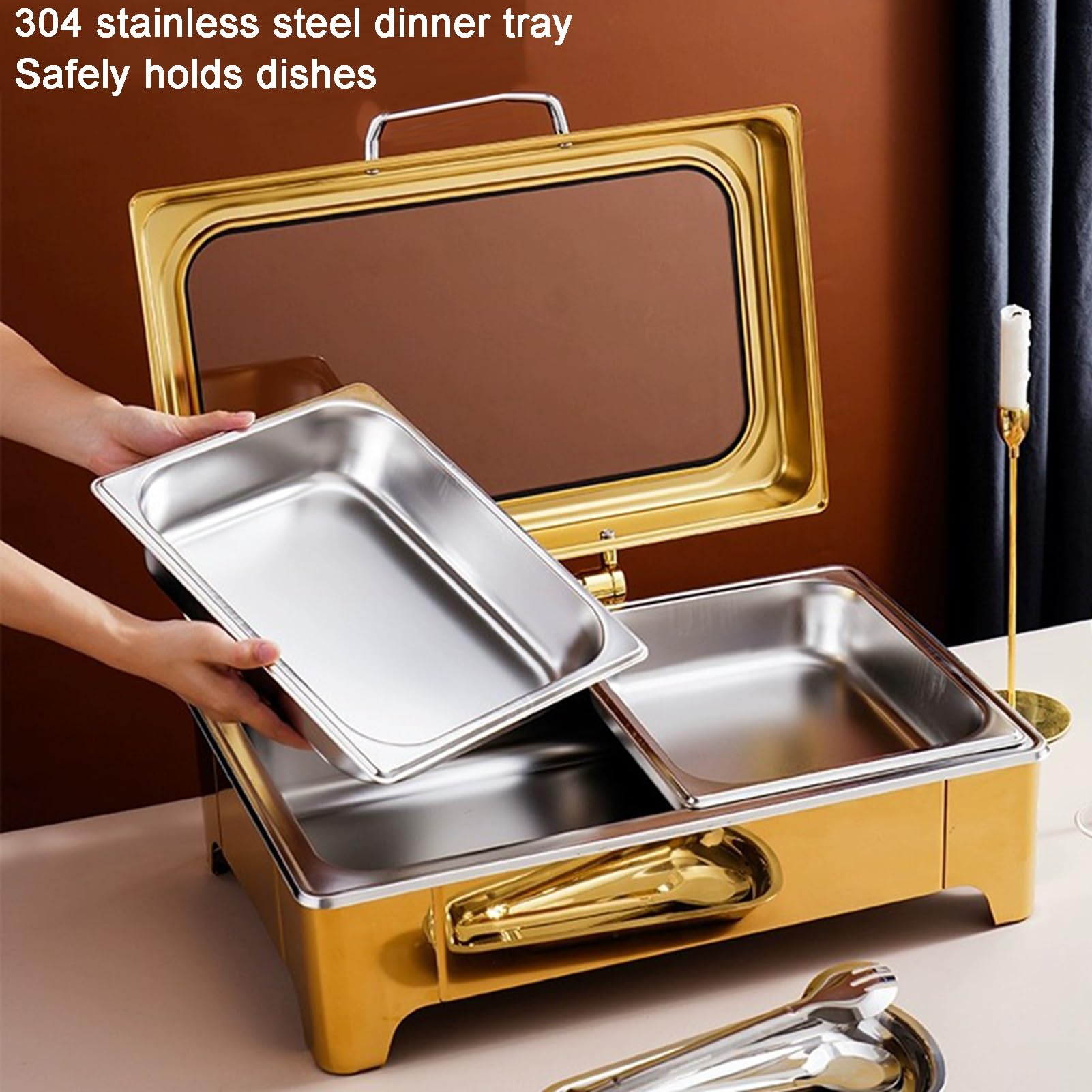 Platos de bufé con tapa de cristal, calentadores de alimentos de acero inoxidable para fiestas, bodas y eventos, elegante bandeja para servir
