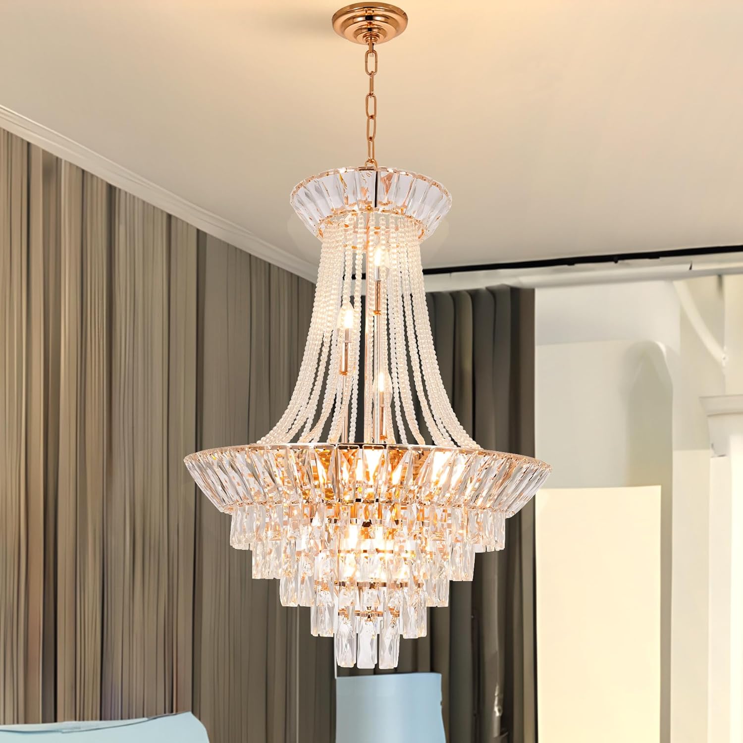 A Million Luxury Crystal Chandelier, 24 inch Modern Gold French Empire Crystal Ceiling Chandelier Lighting Fixture Lamp High Ceiling Hanging Light Home Decor Lamp for Living Room Bedroom Foyer
