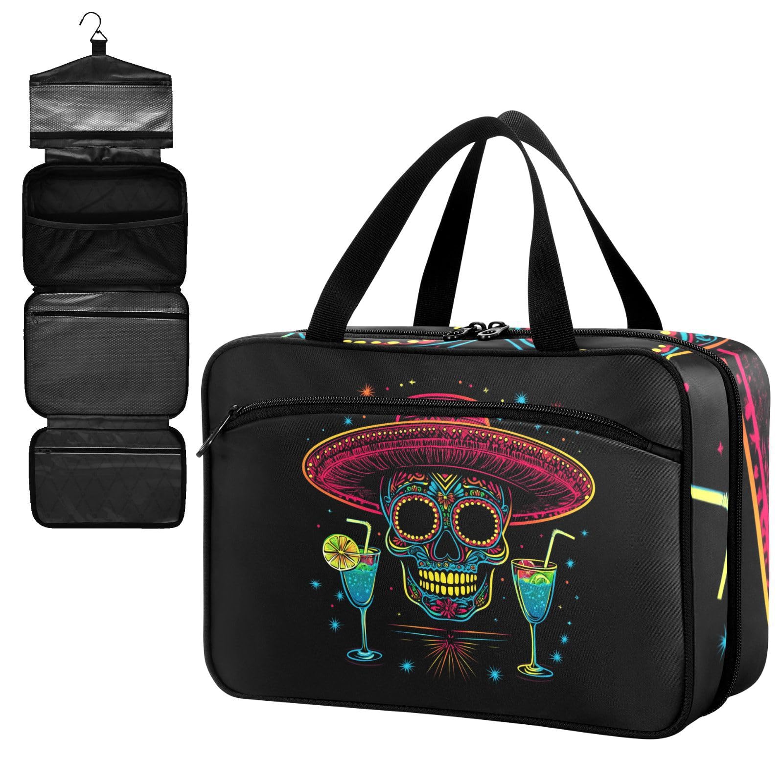 Fustylead Neon Sugar Skull Wearing Sombrero with Margaritas Large Medical Supplies Organizer Bag with Zipper Empty First Aid Bag Trauma Kit for Traveling Hiking Camping