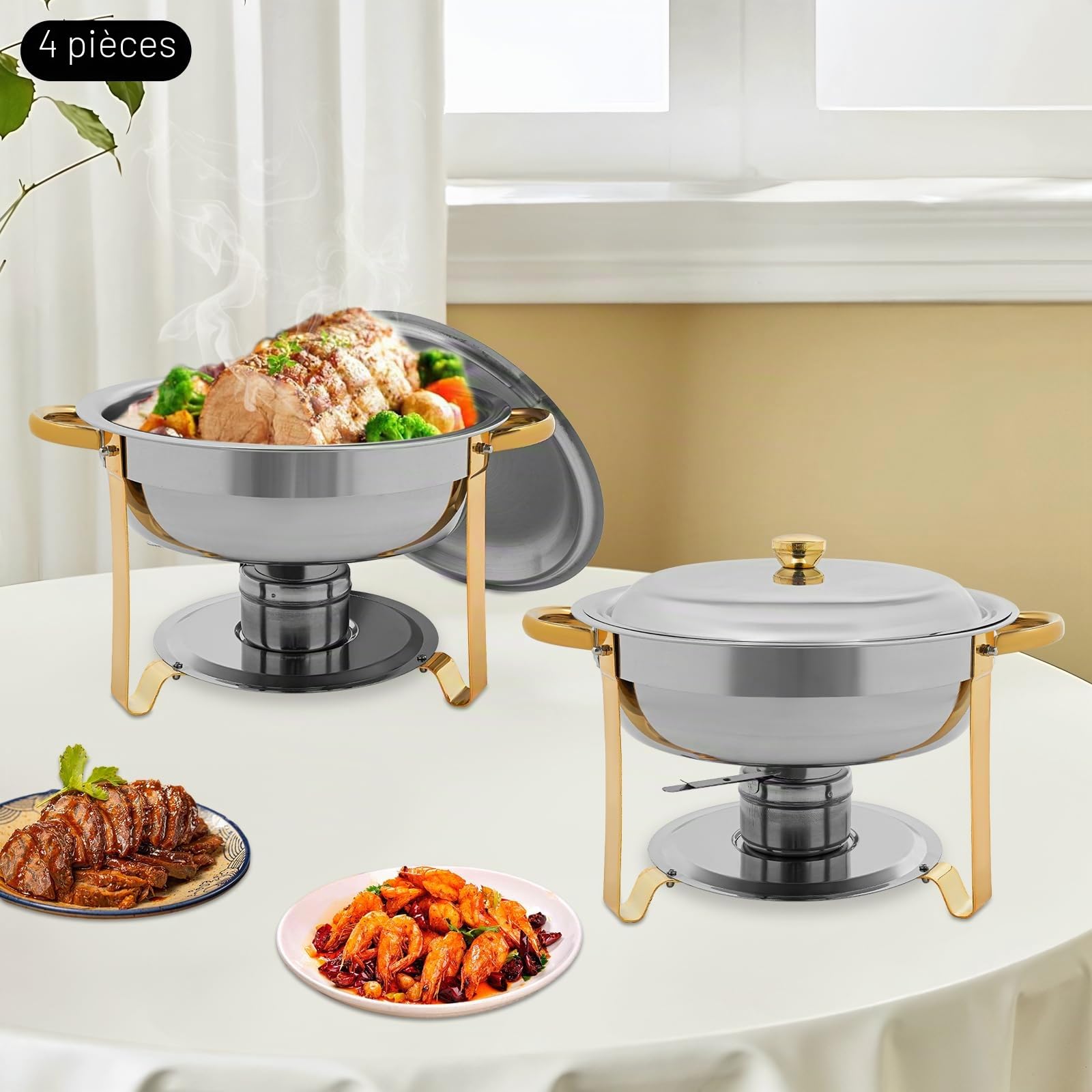 Lot de 4 Chauffe-repas Ronds, Ensemble Professionnel de Chauffe-plats avec Couvercle, 4,5L en Acier Inoxydable pour Buffet