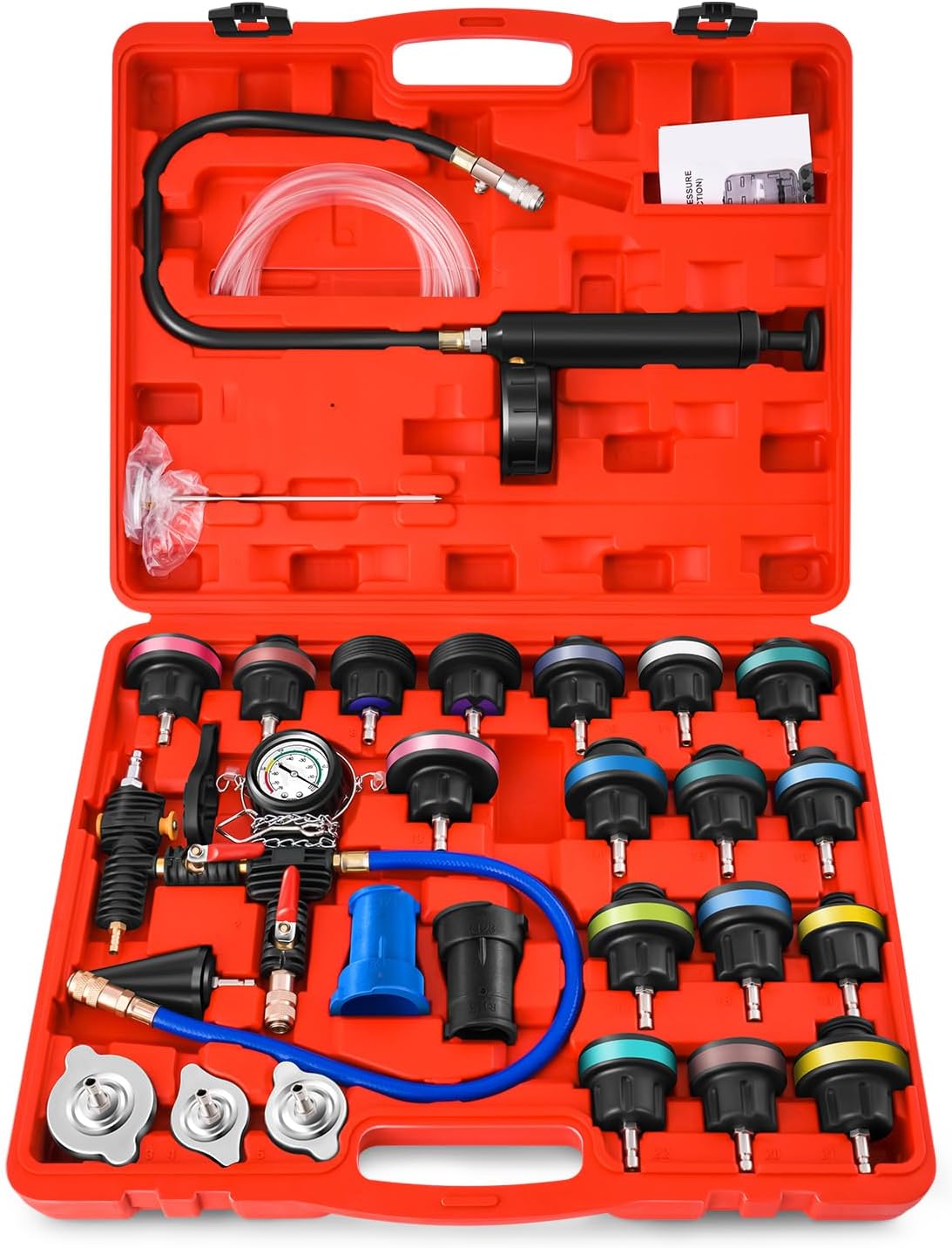 DNA MOTORING 28pcs Cooling System Leak Test and Pneumatic Purge Fill Set with Testing Adapter Caps Universal, for Most Vehicles, New Upgraded, TOOLS-00342