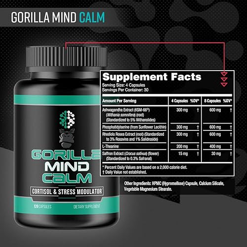 Miniatura 2 de Gorilla Mind Calma (120 cápsulas) - Potente relajación y reducción del estrés  Cortisol y modulador del estrés  Recuperación mejorada