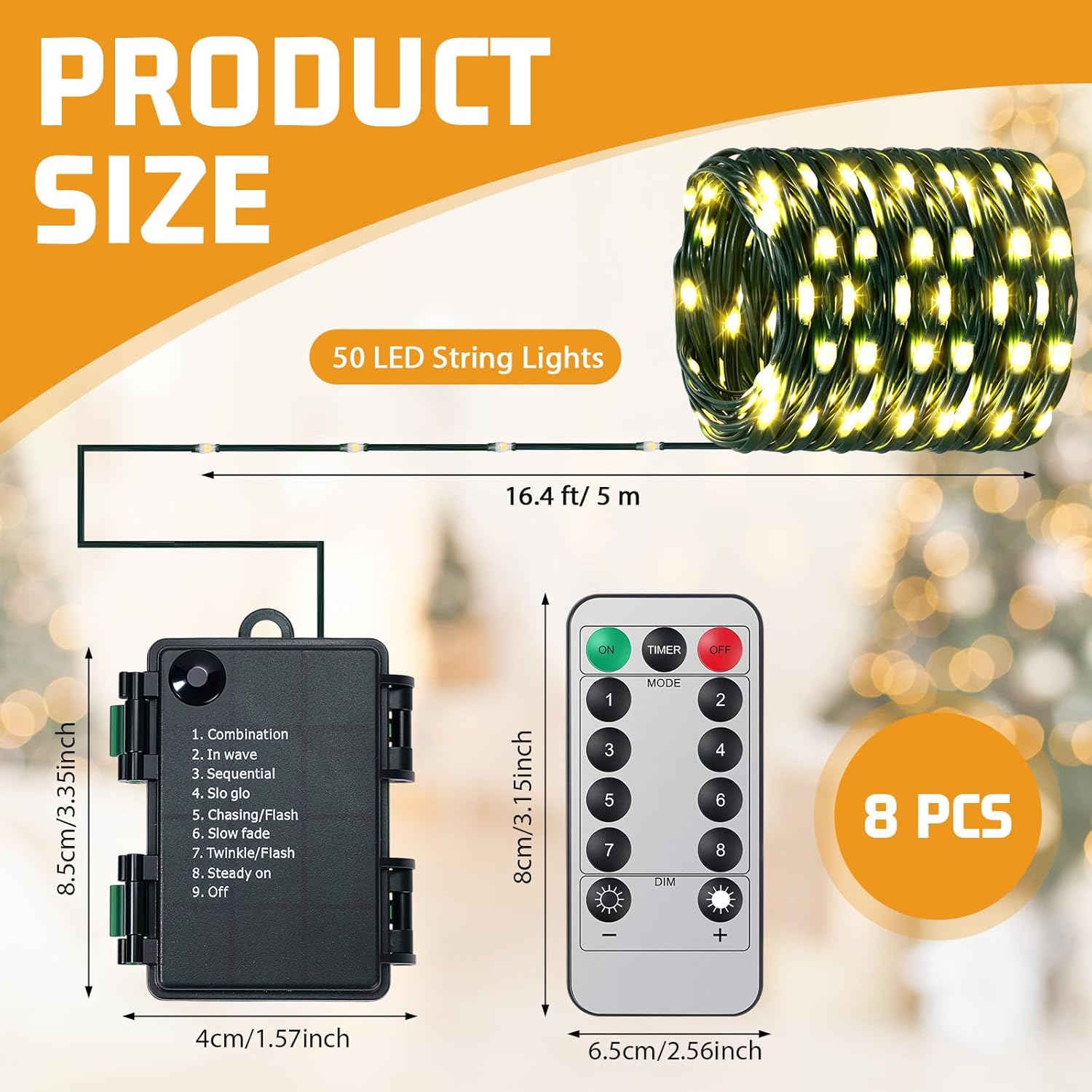 Glooglitter 8 Pack Battery Operated String Lights 16.4 ft Fairy Lights 50 LED with Auto Timer Dark Green Copper Wire Twinkle for Indoor Outdoor Christmas Trees Wreath Decoration Patio Bedroom(Warm)