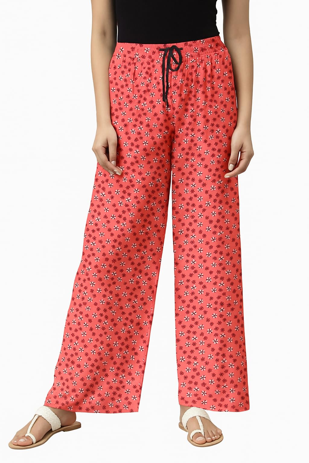 Women's Floral Print Cotton Rayon Wide Leg Palazzo Pants with Elastic Waist, Drawstring, Casual Lounge Wear (Pink)-picture-43