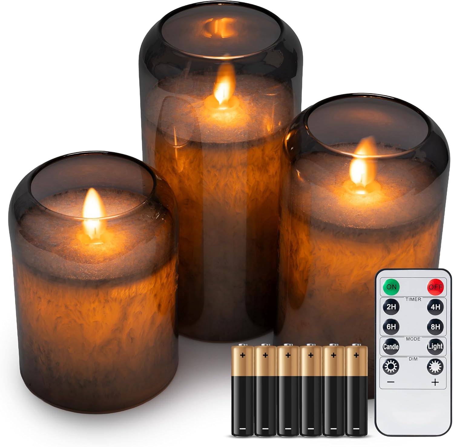 Round Hurricane Dual LED Full Body Glow w/Metallic Mirrored Tinted Glass Mottled Crystallized Frosted Texture Pillar Candles, 3D Wick, Battery Operated, Remote & Timer (Set of 3, Silver)