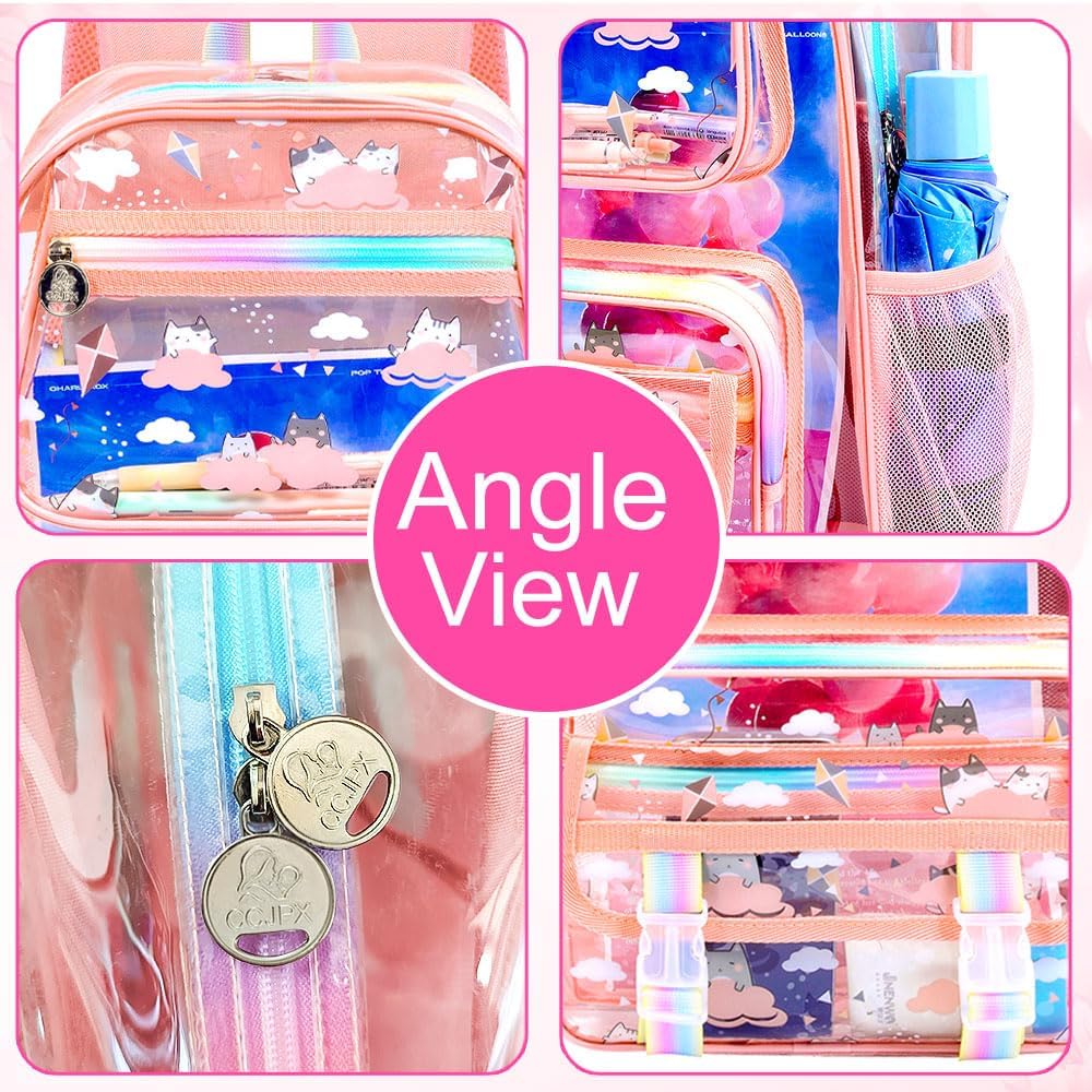 UFNDC 3PCS Clear Backpack, Girls Cloud Cat Pink Transparent Bookbag Heavy Duty, See Through PVC School Bag