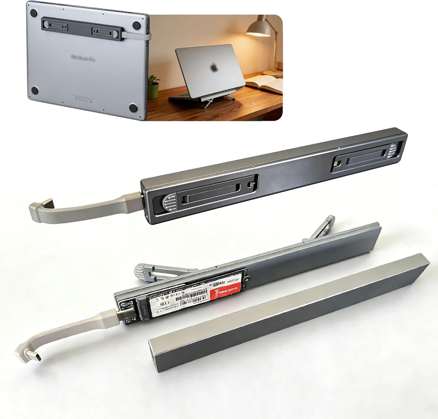 M.2 SSD Enclosure Laptop Stand, USB 3.2 Gen 2 NVMe SATA External Storage, MacBook Add Storage Expansion, 2-in-1 Aluminum Ergonomic Riser (For 16-Inch Laptops)