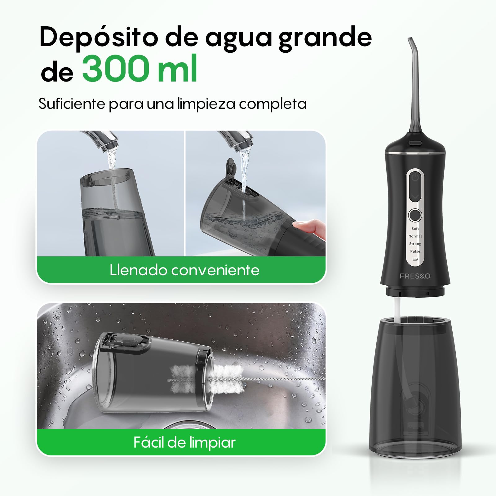 FRESKO Irrigador Dental Portatil, 300ML Irrigador Bucal con 4 Modos 45-105PSI, Batería 2600mAh, impermeable IPX7, 5 Boquillas para Ortodoncia e Implantes, Para el Hogar y los Viajes