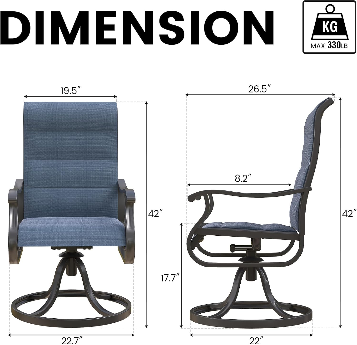 Patio Swivel Chairs Set of 2, Padded Outdoor Dining Chairs with High Back | Patio All-weather Swivel Breathable Textilene Metal Rocking Frame Chair for Lawn, Porch or Garden(Padded Navy) image 3