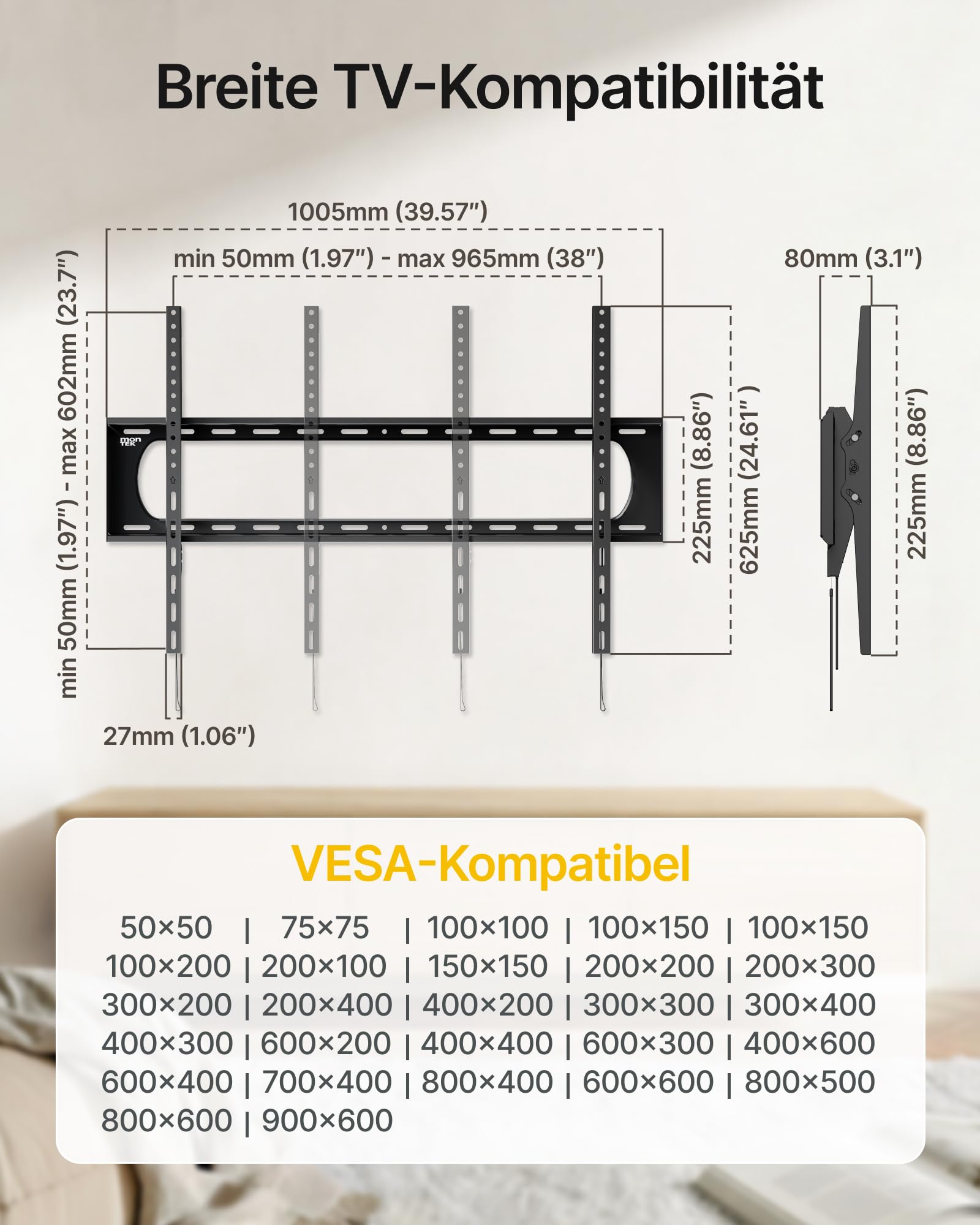 monTEK Soporte de pared inclinable para TV de 60 a 120 pulgadas hasta 136 kg, máx. VESA 900 x 600 | VESA 50x50 hasta VESA 900x600 - Soporte de pared universal para televisores (80 mm, capacidad de alto rendimiento)