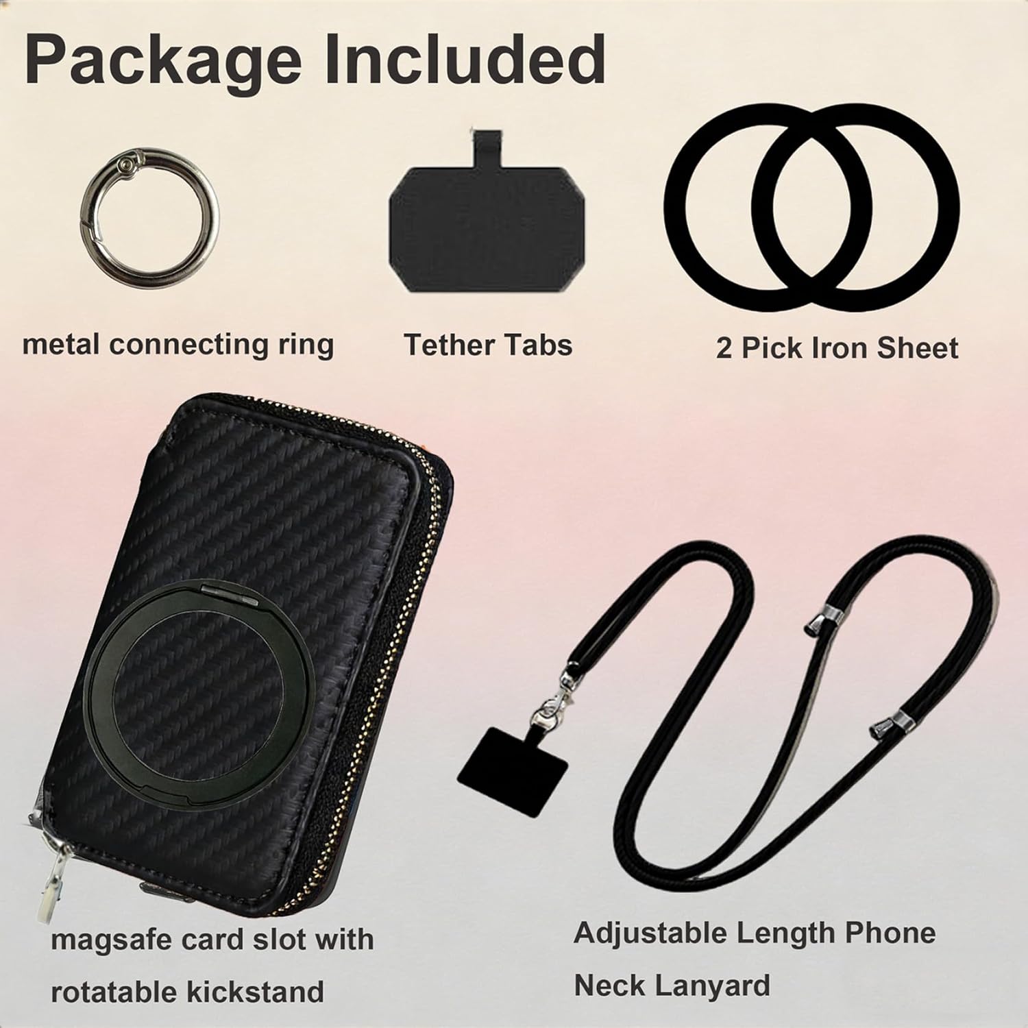 Strong Magnetic for MagSafe Wallet Organizer Pouch with Phone Lanyard & Stand, Carbon Fiber Leather Zipper Pocket Card Slot 360° Rotatable Kickstand Large Capacity for Earpod/Samll Earphones/Keys
