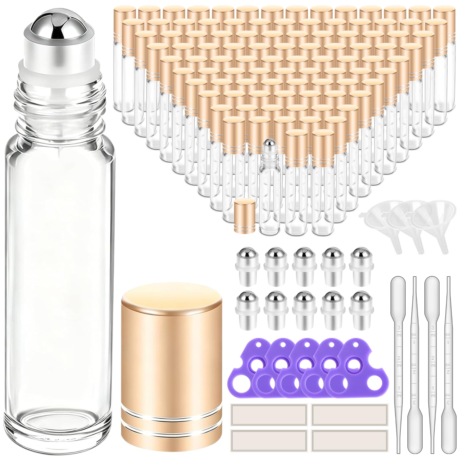 PrettyCare Set of 120, Bulk 10 ml Essential Oil Roller Bottles with Stainless Steel Roller Ball - Refillable Leak-proof Empty Thick Clear Glass Roll on Bottles with Golden Caps for Travel, Perfume