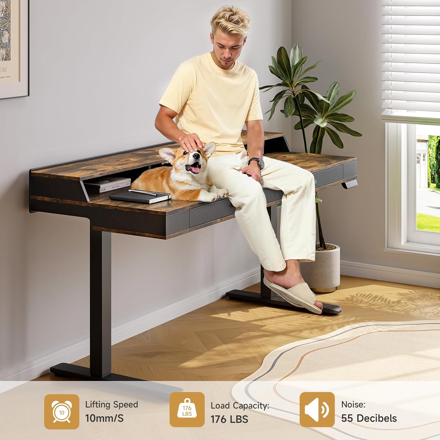 ONBRILL Standing Desk with Drawers, 63x23.6 Electric Stand Up Desk with Storage Shelf and Memory Controller, Sit Stand Desk Adjustable Height from 28-46" for Computer Workstation, Rustic Brown