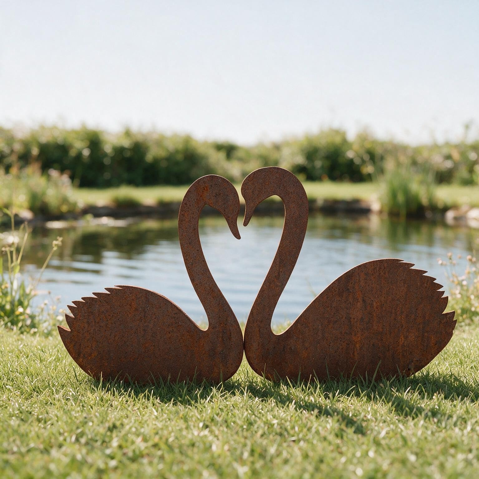 Gartenstecker Schwan Paar Herzklang, Massiver Stahl, Rostpatina, 2 mm stark, Dekorativer Akzent für Garten und Beete