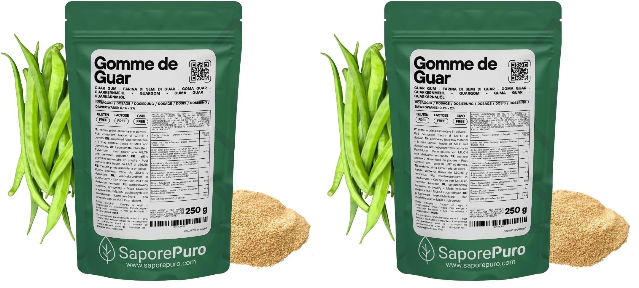 SaporePuro Farine DE Graine DE GUAR - Gomme DE GUAR - Idéal pour Les Glaces et sorbets - Pure 100% - 250gr (Lot de 2)