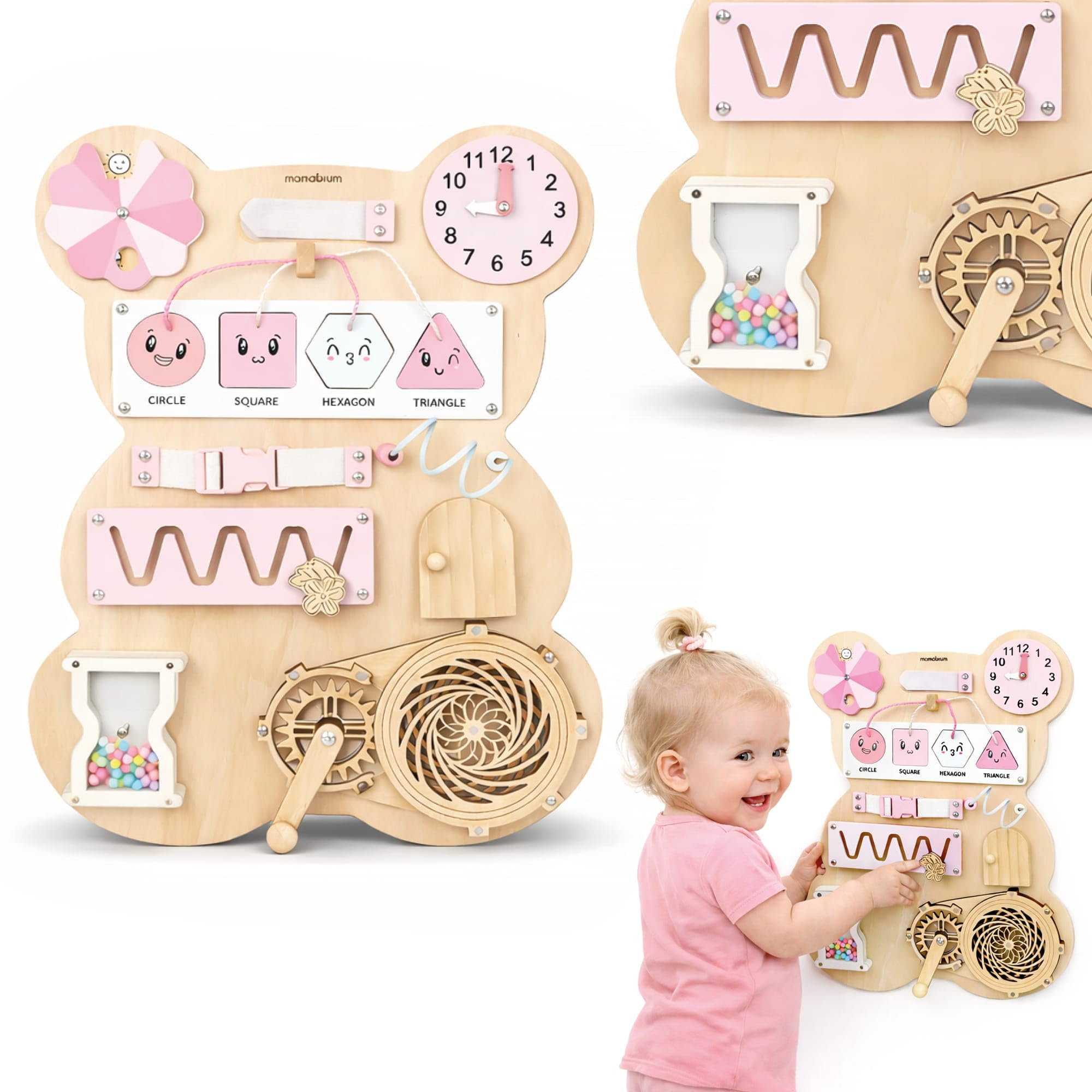 mamabrum Orsacchiotto sensoriale in Legno, 10 in 1, Giocattolo educativo Montessori per Bambini, Naturale/Rosa, abilità motorie e creatività, 29,8 × 39 × 7 cm
