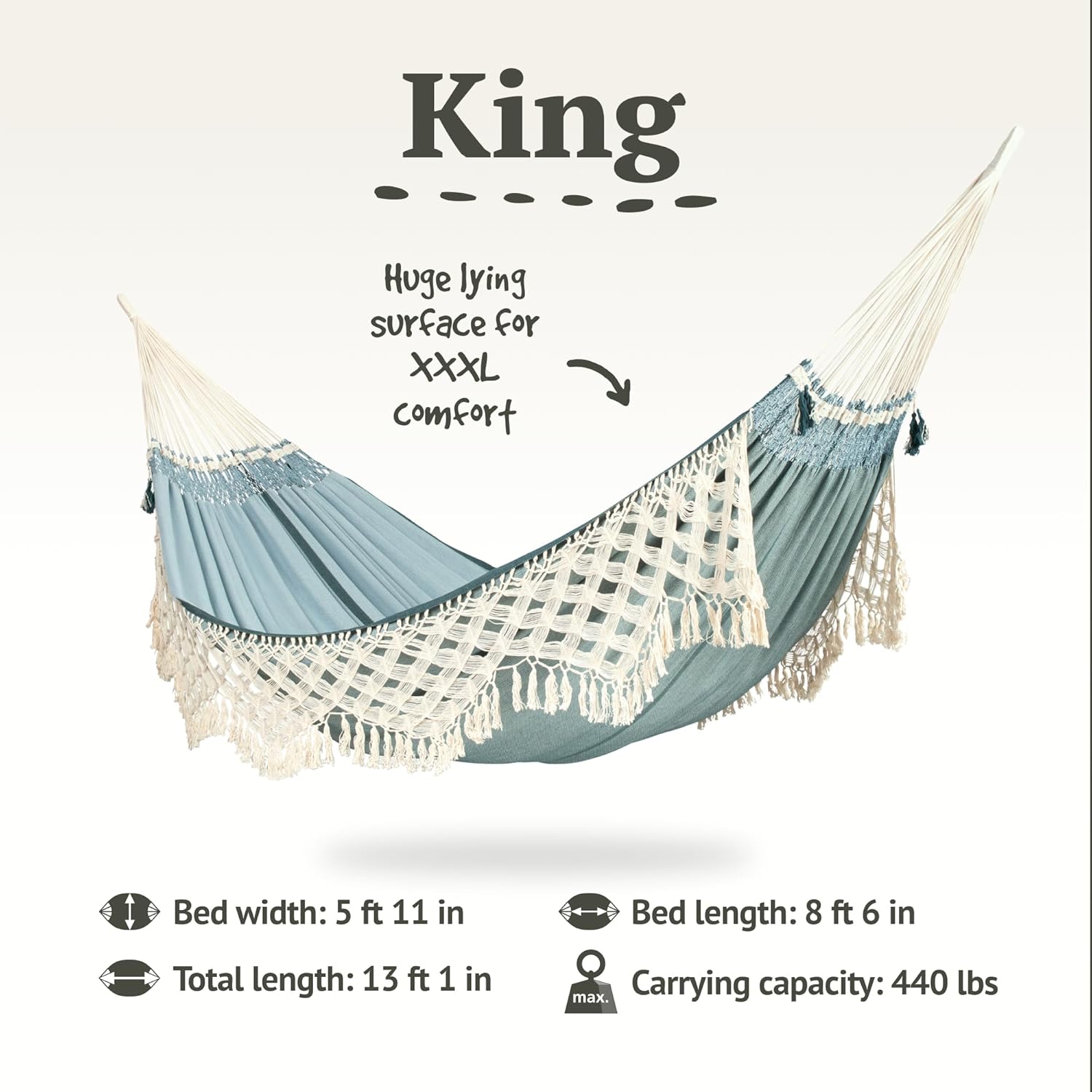 LA SIESTA® - XL King Bossanova Brazilian Hammock - Luxurious Comfort, Organic Cotton Handmade in Brazil - Boho Hammock, Macrame Hammock - Extra-Wide Indoor Hammock Bed for Relaxation - Fjord