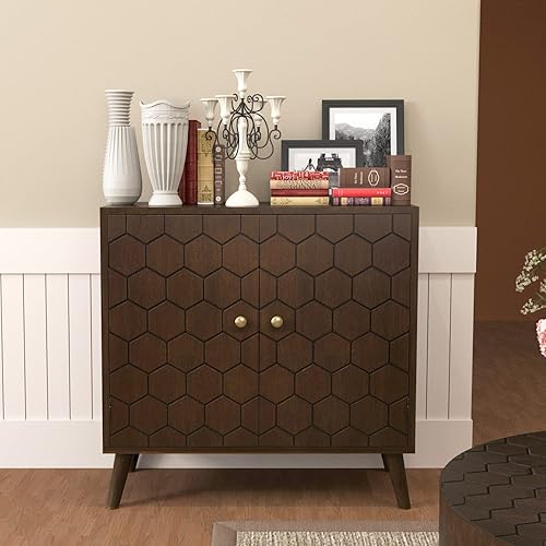 SUNBURY Armario de almacenamiento con 2 puertas, armario clásico de pie para sala de estar, aparador de madera, gabinete de buffet marrón para