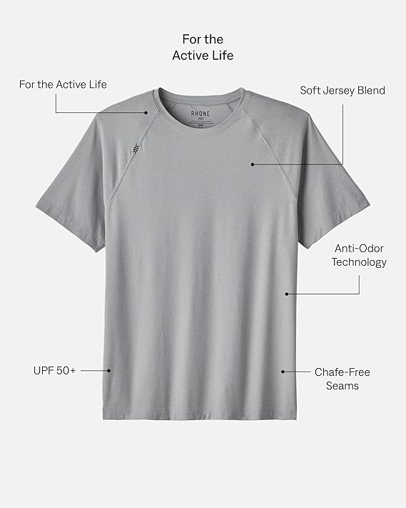 Rhone Men's Reign Workout Shirt Moisture Wicking Gym T Shirt, Lightweight Anti-Odor Athletic Shirt for Men, UPF 50+