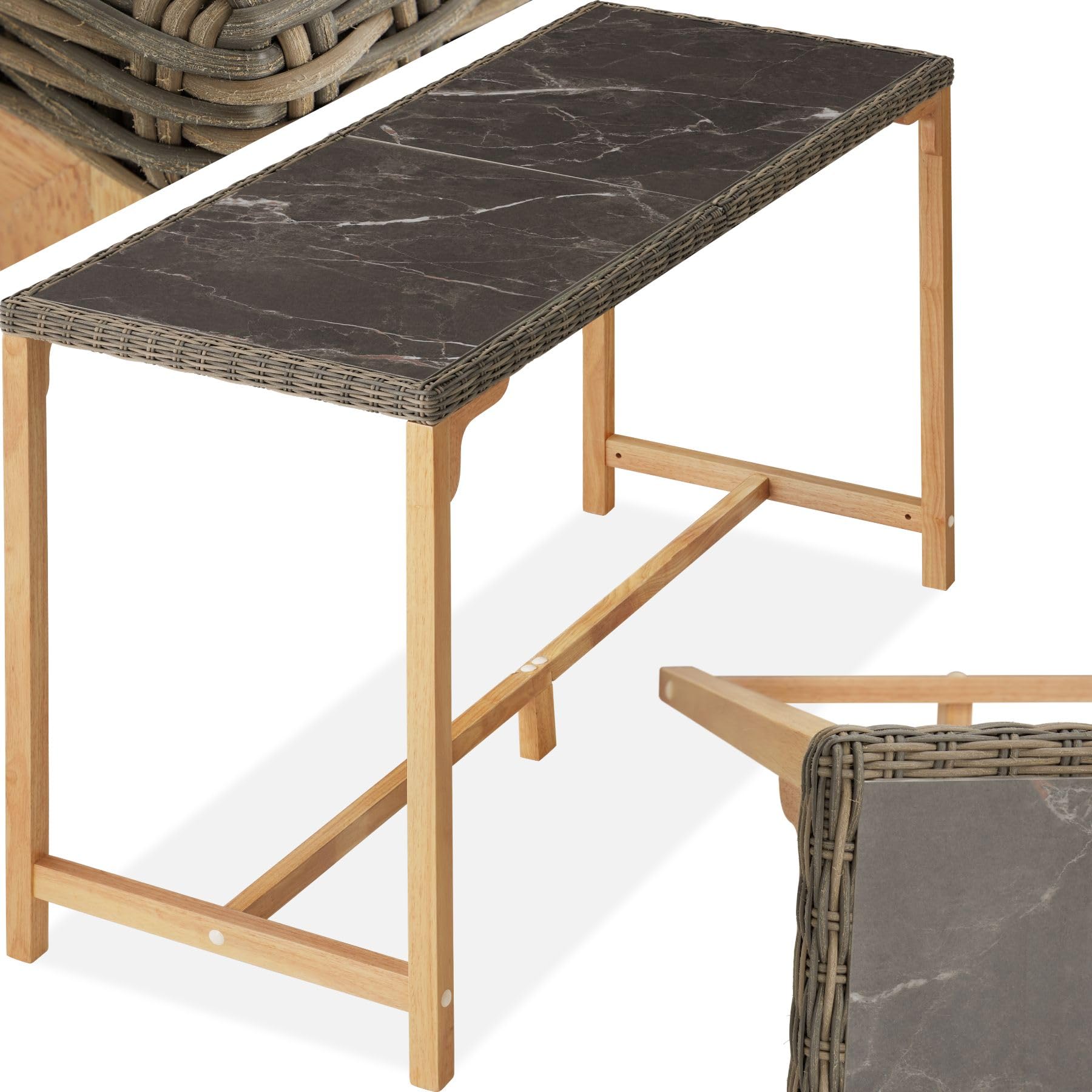 tectake® Table de Bar Haute Extérieur en Résine Tressée & Grès cérame Fin marbré Résistante aux intempéries pour Salon de Jardin, Structure en Aluminium & Bois Massif, Mobilier de Jardin