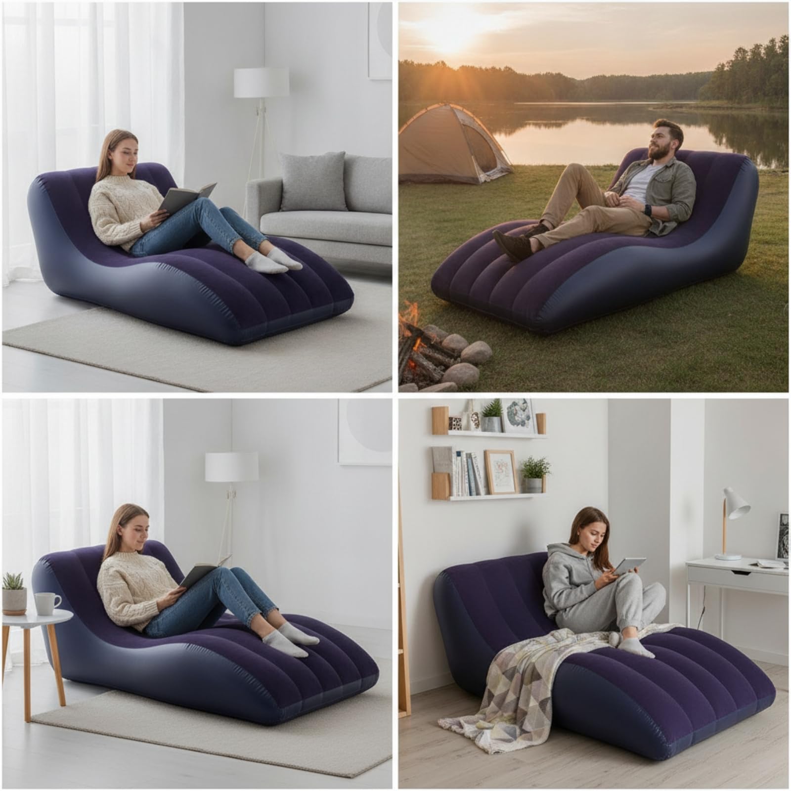 Aufblasbares Outdoor Sessel Couch Liege mit Stützender Rückenlehne Weichen Seitenpolstern Glatter Flock Oberfläche Einfach zu Verstauen für Garten, Kaffee