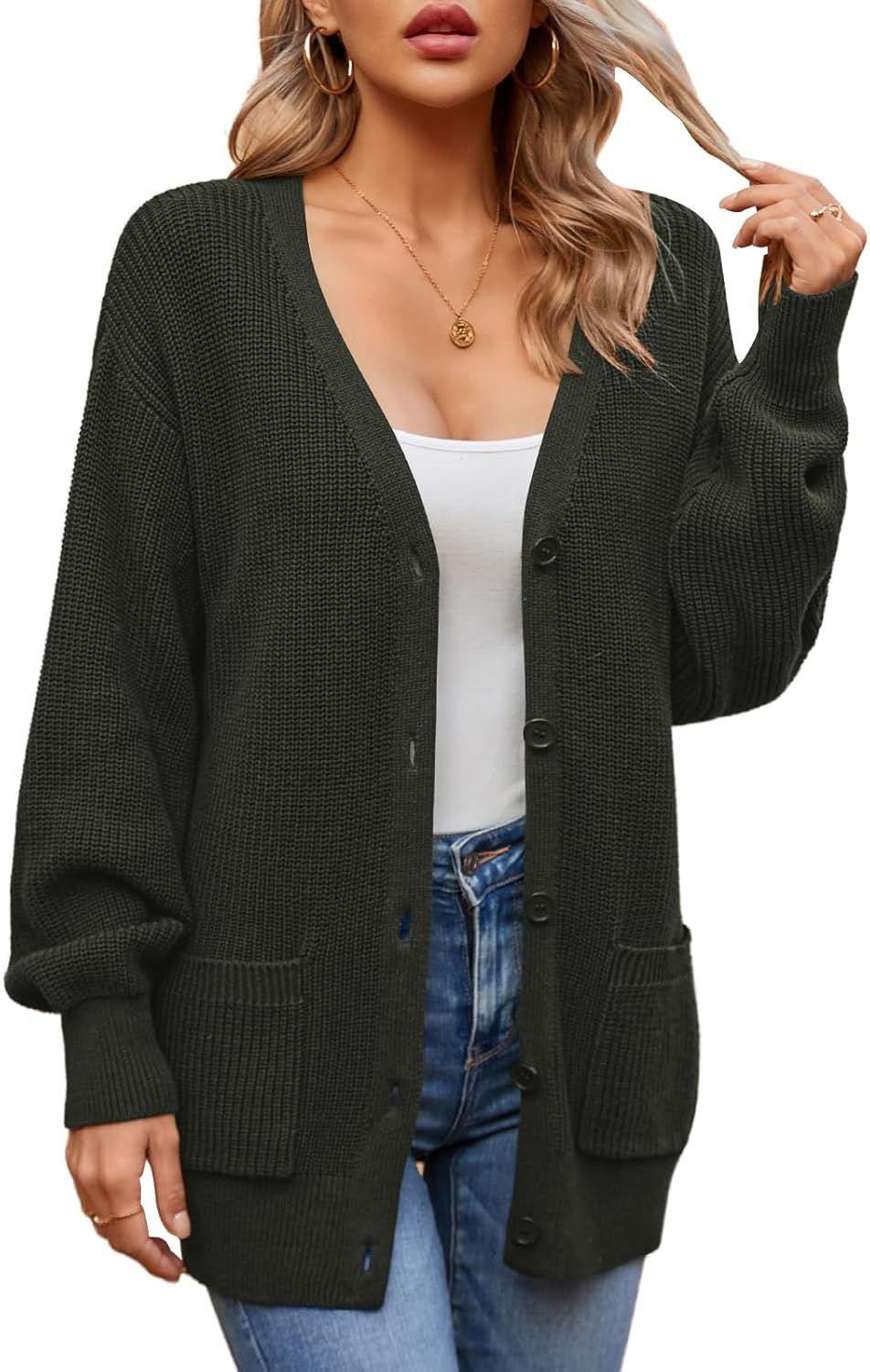 QUALFORT Women's 100% Cotton Cardigans for Women Lantern Sleeve Oversized Sweater with Pockets Womens Fall Cardigans 2026 - Image 6