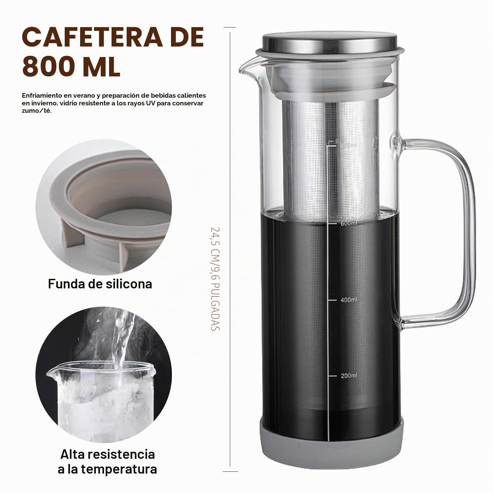 Cold Brew - Cafetera de 800 ml, cold brew coffee maker, cafetera Cold Brew, tapa con asa y filtro de acero inoxidable, apta para actividades al aire libre, portátil, para café helado, té helado