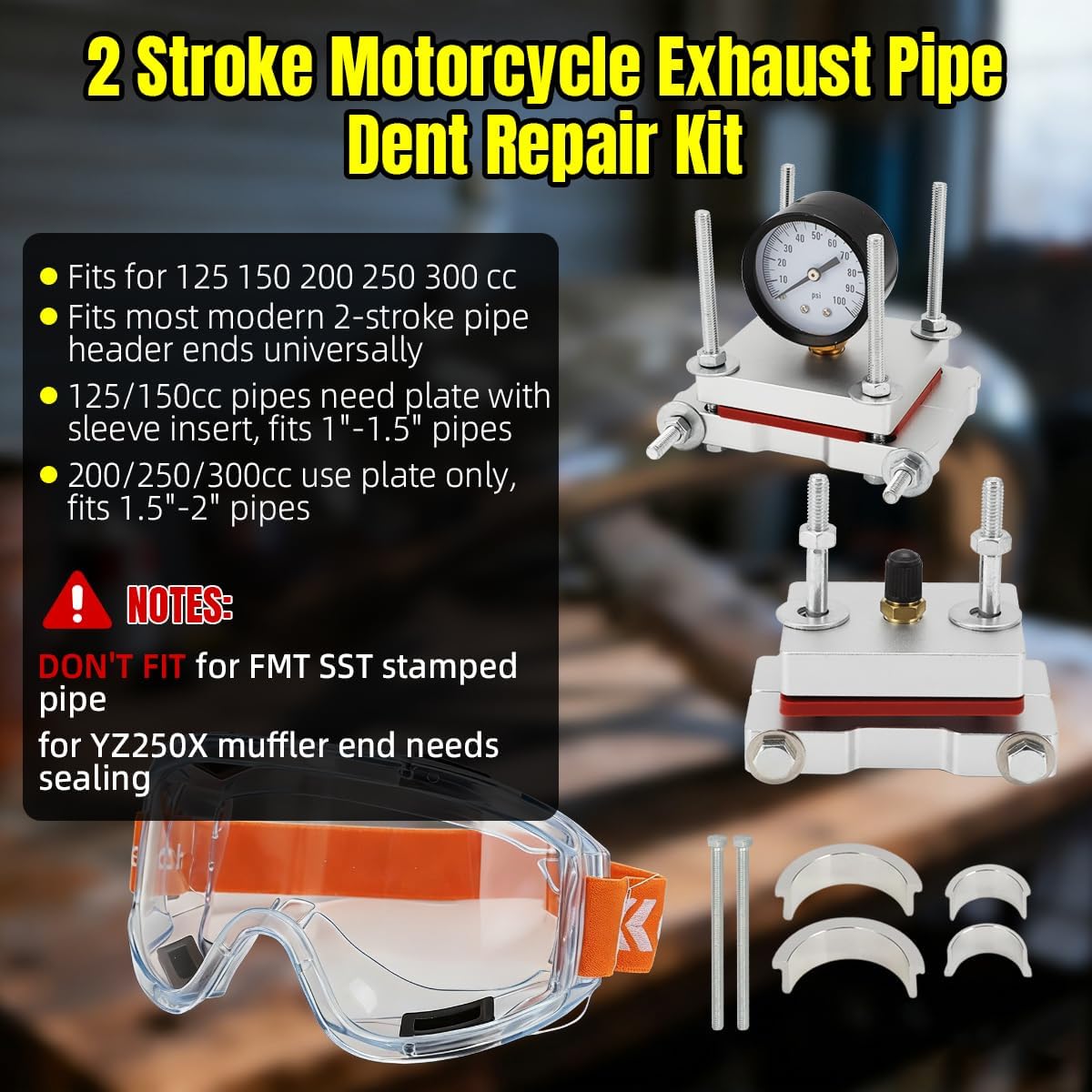 2 Stroke Exhaust Pipe Dent Repair Kit - 125 150 200 250 300cc Pipe Dent Removal Tool - Includes Pressure Gauge and Safety Goggles