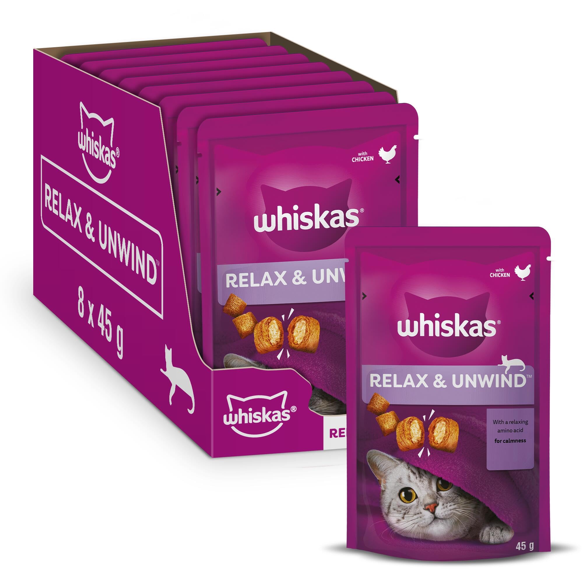 Whiskas Relax and Unwind - Cat Treats - Small Bite Size Snacks with Chicken Filling - 8 x 45 g