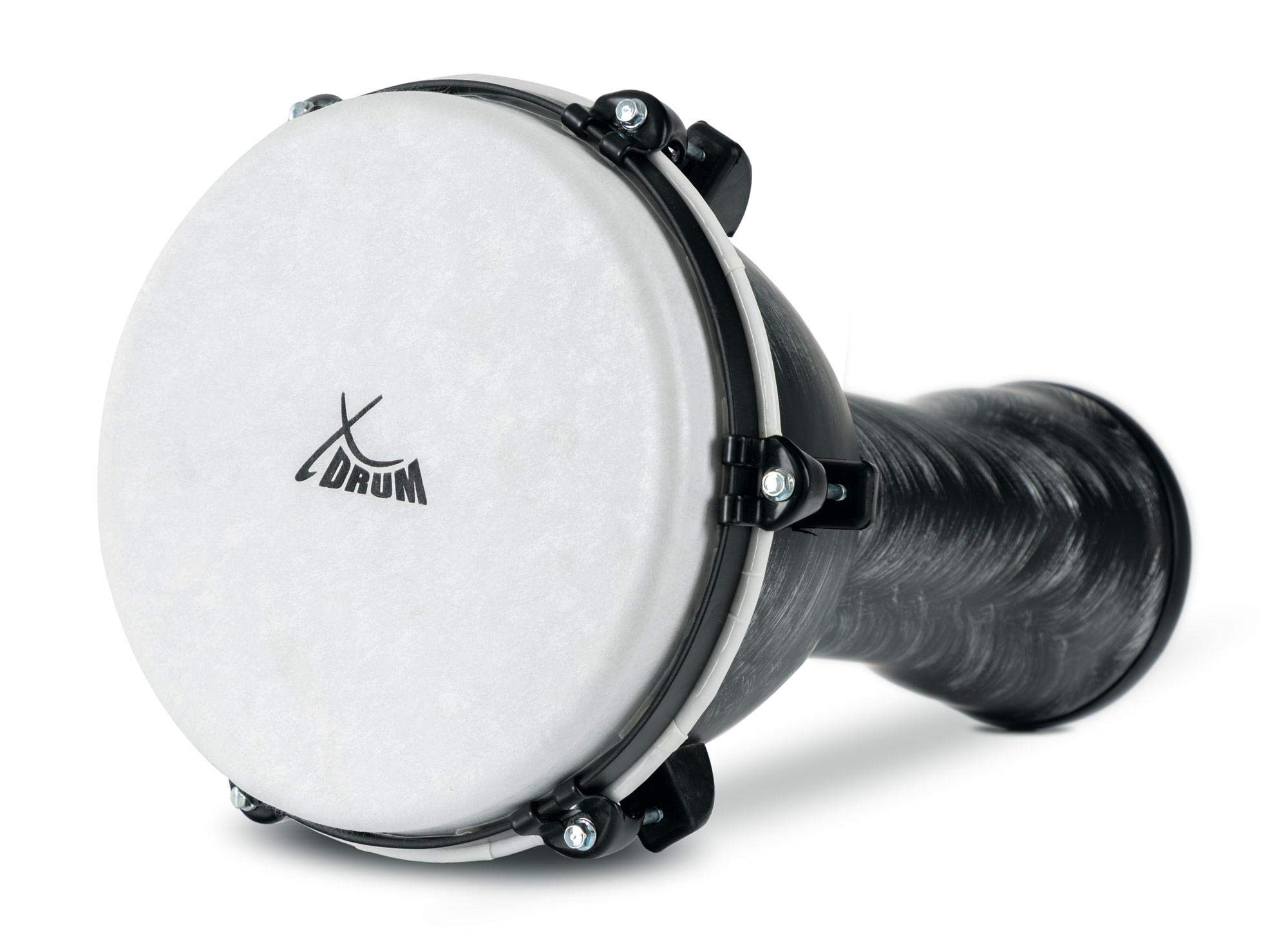 XDrum Djembe 10" Silver Brush Bag Set (aus PVC gefertigt, 6 Stimmschrauben, Kunststoff-Fell mit Natur-Optik, Höhe: 50cm, im Set inkl. passender Rucksacktasche für Transport und Aufbewahrung)