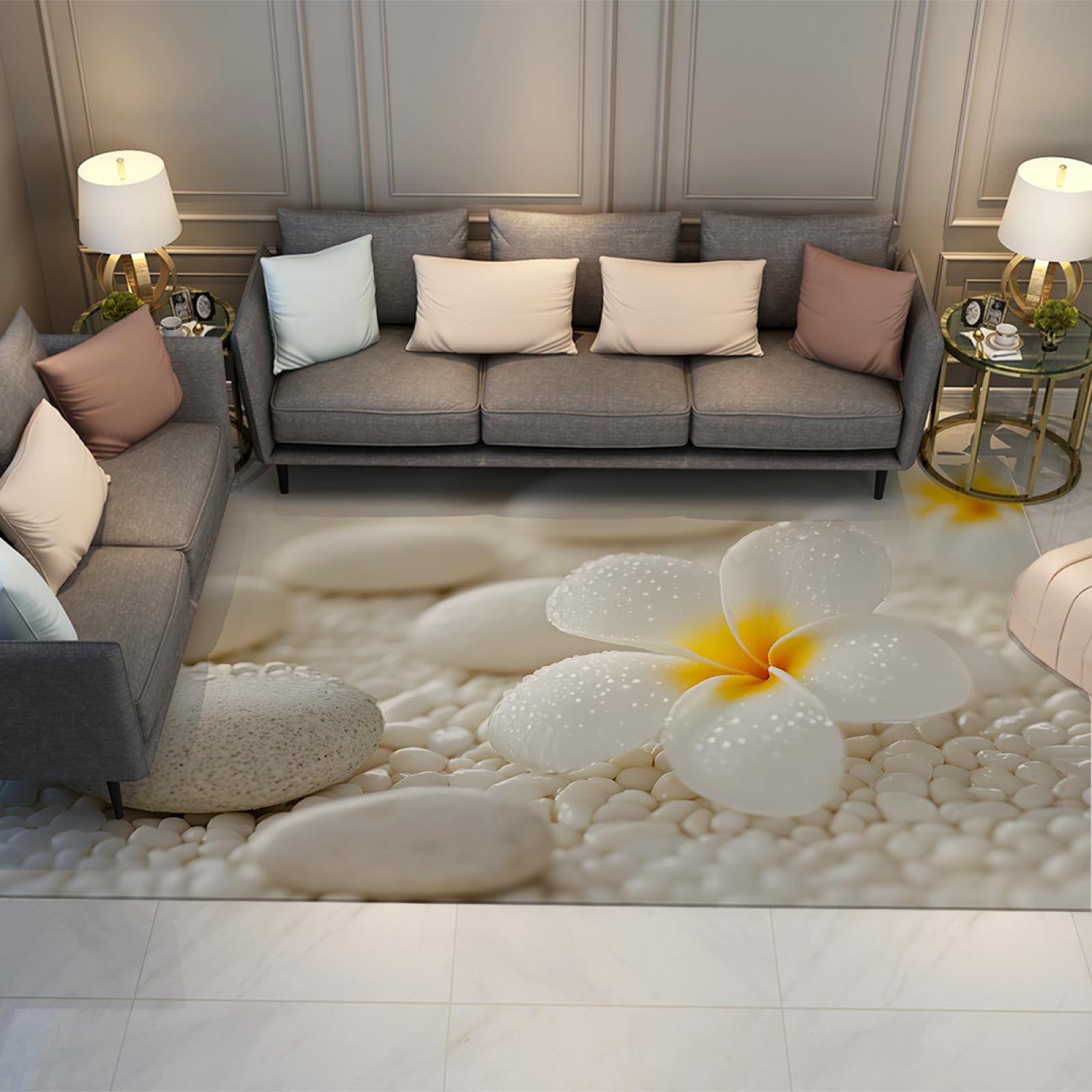 Tapis de salon zen 160x230cm blanc motif galets orchidée pour chambre